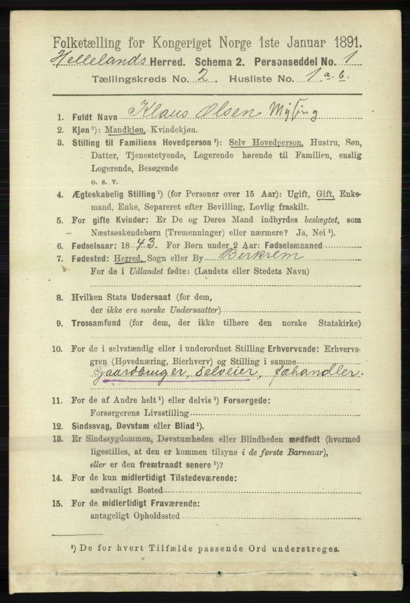 RA, 1891 census for 1115 Helleland, 1891, p. 435