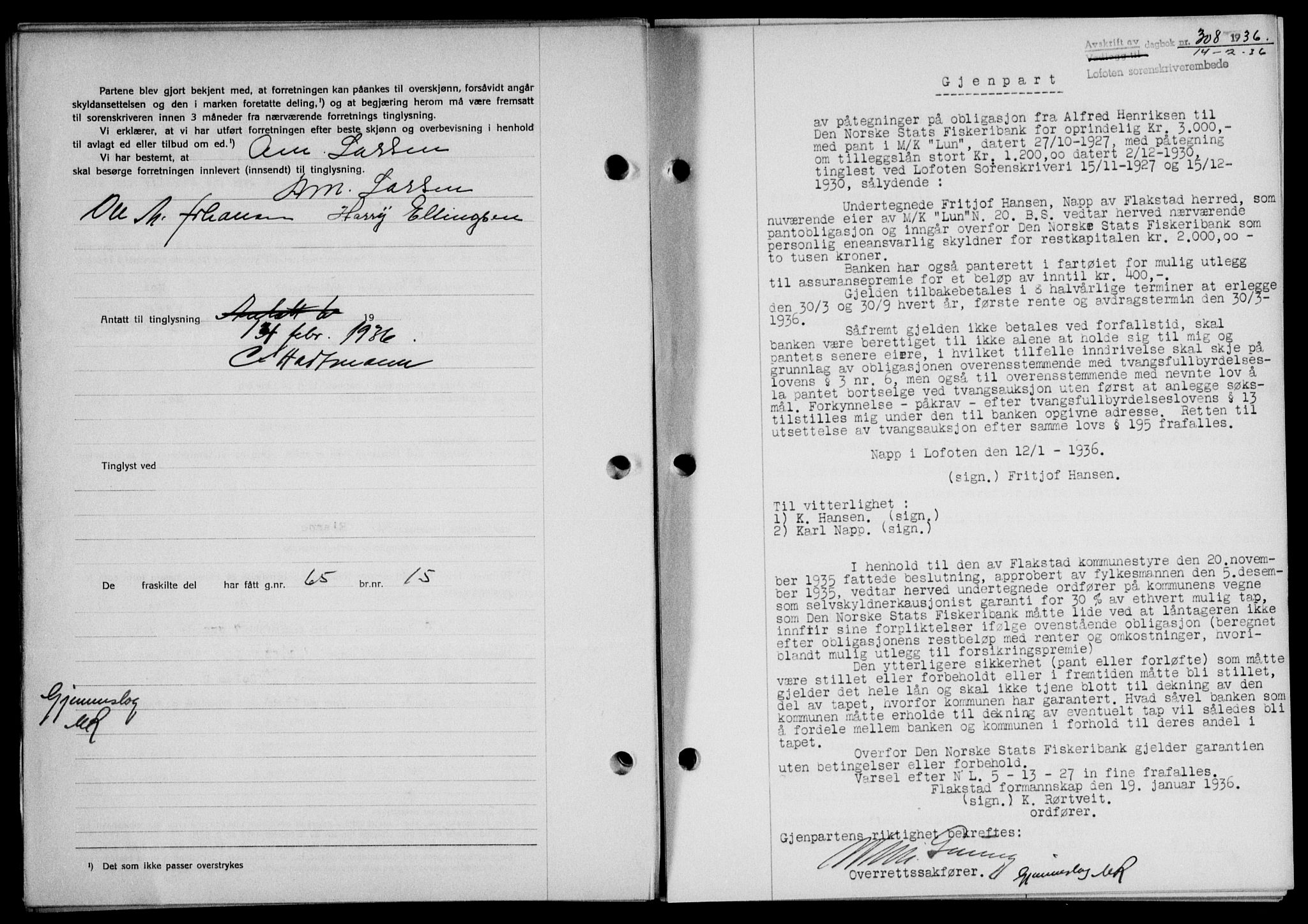 Lofoten sorenskriveri, SAT/A-0017/1/2/2C/L0033b: Mortgage book no. 33b, 1936-1936, Diary no: : 308/1936
