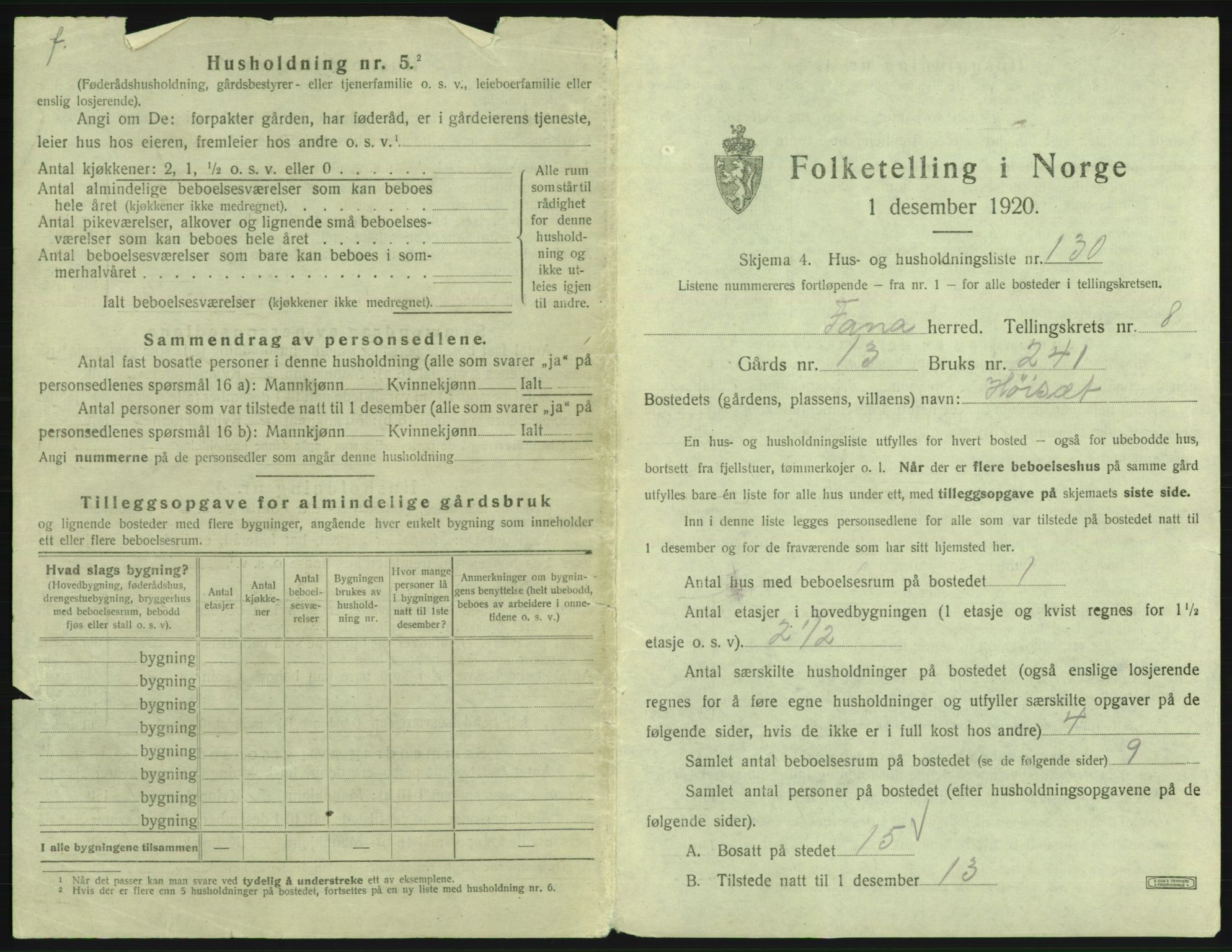 SAB, 1920 census for Fana, 1920, p. 1609