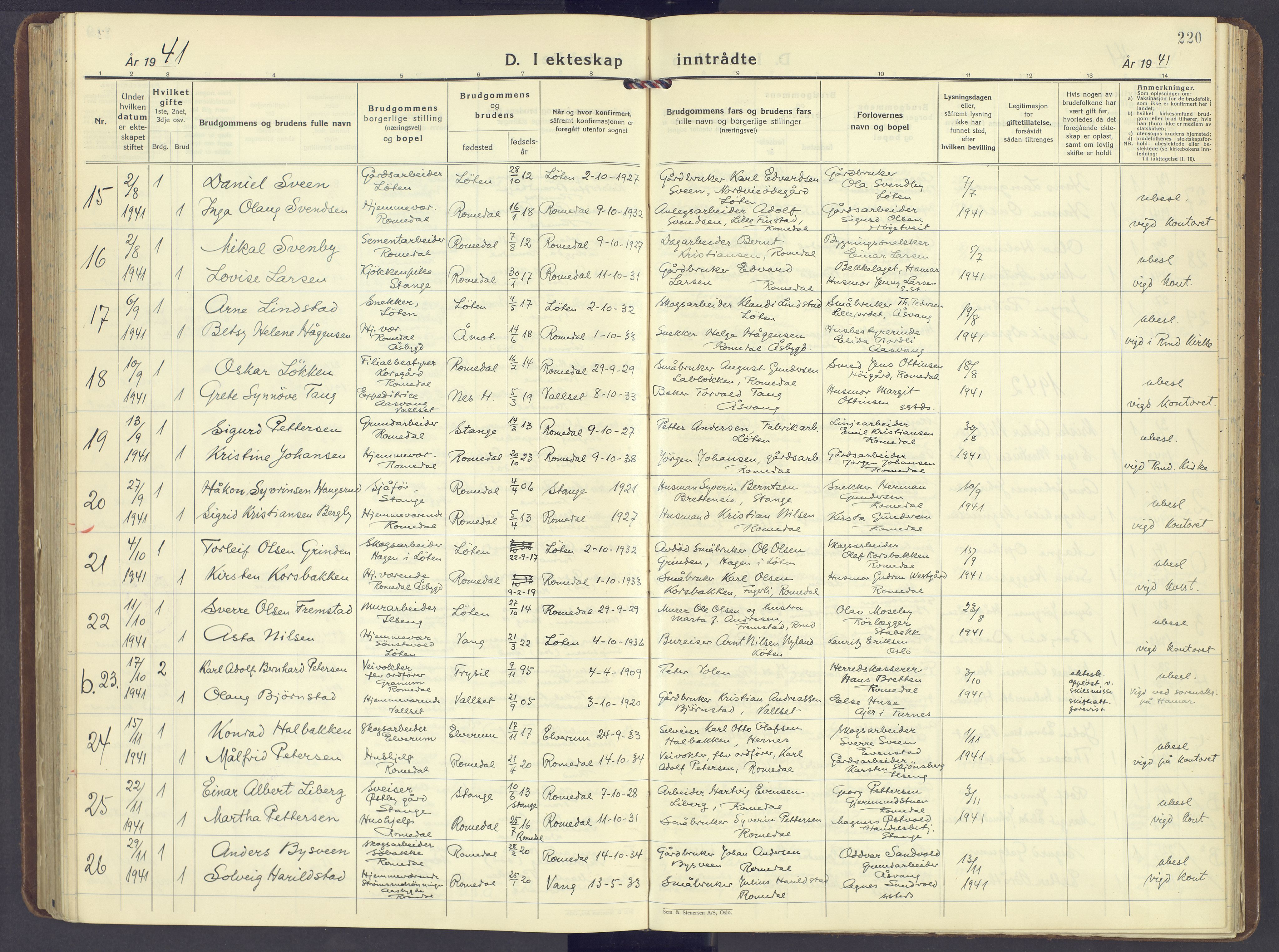 Romedal prestekontor, AV/SAH-PREST-004/K/L0014: Parish register (official) no. 14, 1936-1949, p. 220