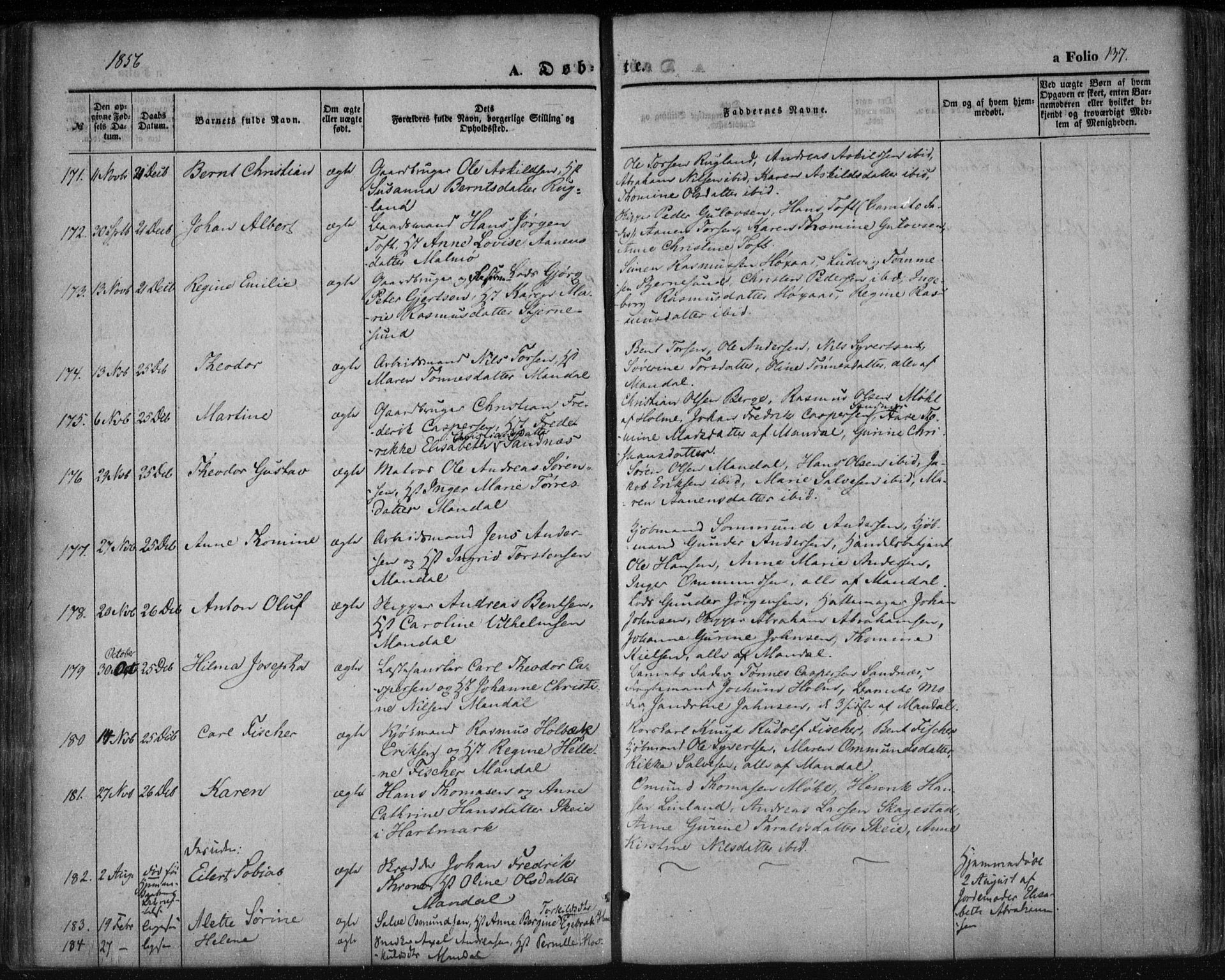 Mandal sokneprestkontor, SAK/1111-0030/F/Fa/Faa/L0013: Parish register (official) no. A 13, 1847-1859, p. 137