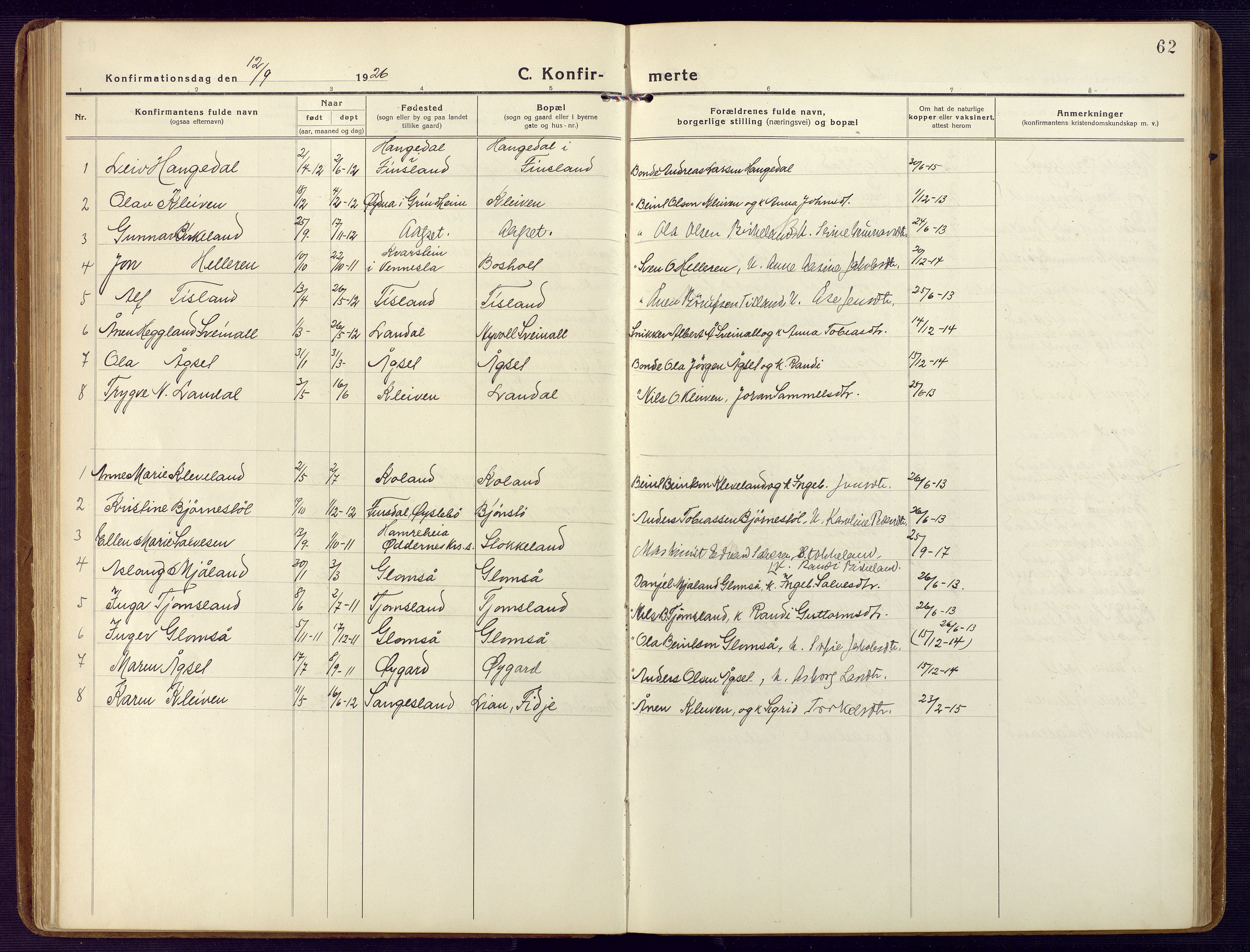 Holum sokneprestkontor, AV/SAK-1111-0022/F/Fb/Fbb/L0005: Parish register (copy) no. B 5, 1920-1945, p. 62