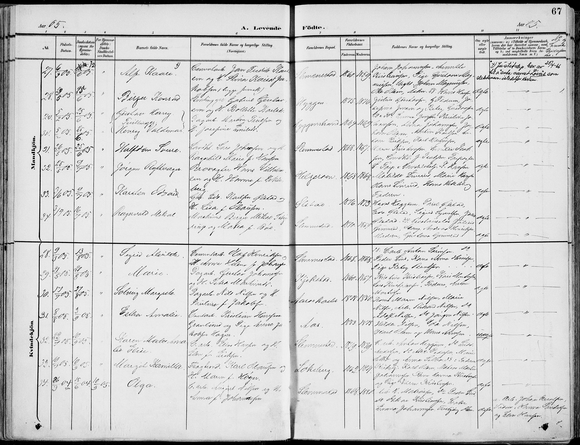 Røyken kirkebøker, AV/SAKO-A-241/F/Fa/L0009: Parish register (official) no. 9, 1898-1911, p. 67