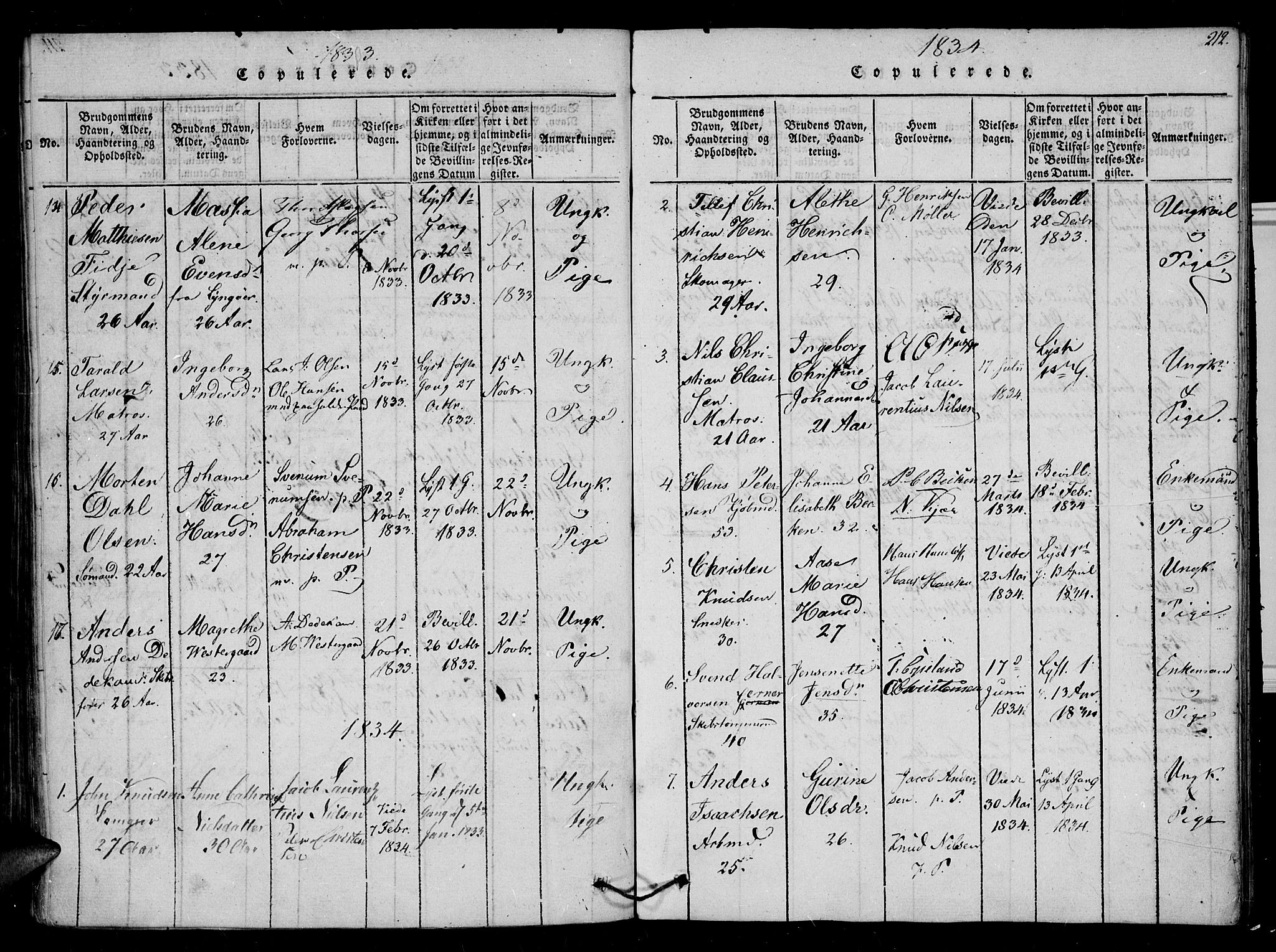 Arendal sokneprestkontor, Trefoldighet, SAK/1111-0040/F/Fb/L0001: Parish register (copy) no. B 1, 1816-1838, p. 212