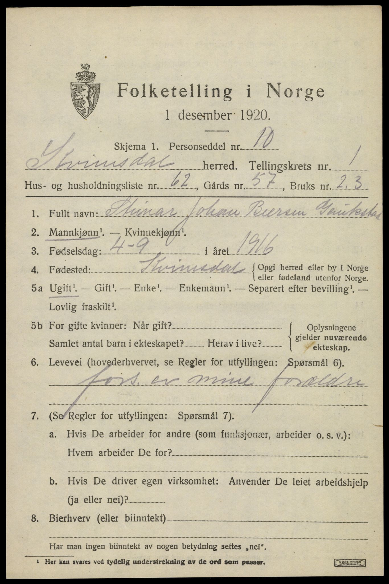 SAK, 1920 census for Kvinesdal, 1920, p. 1825