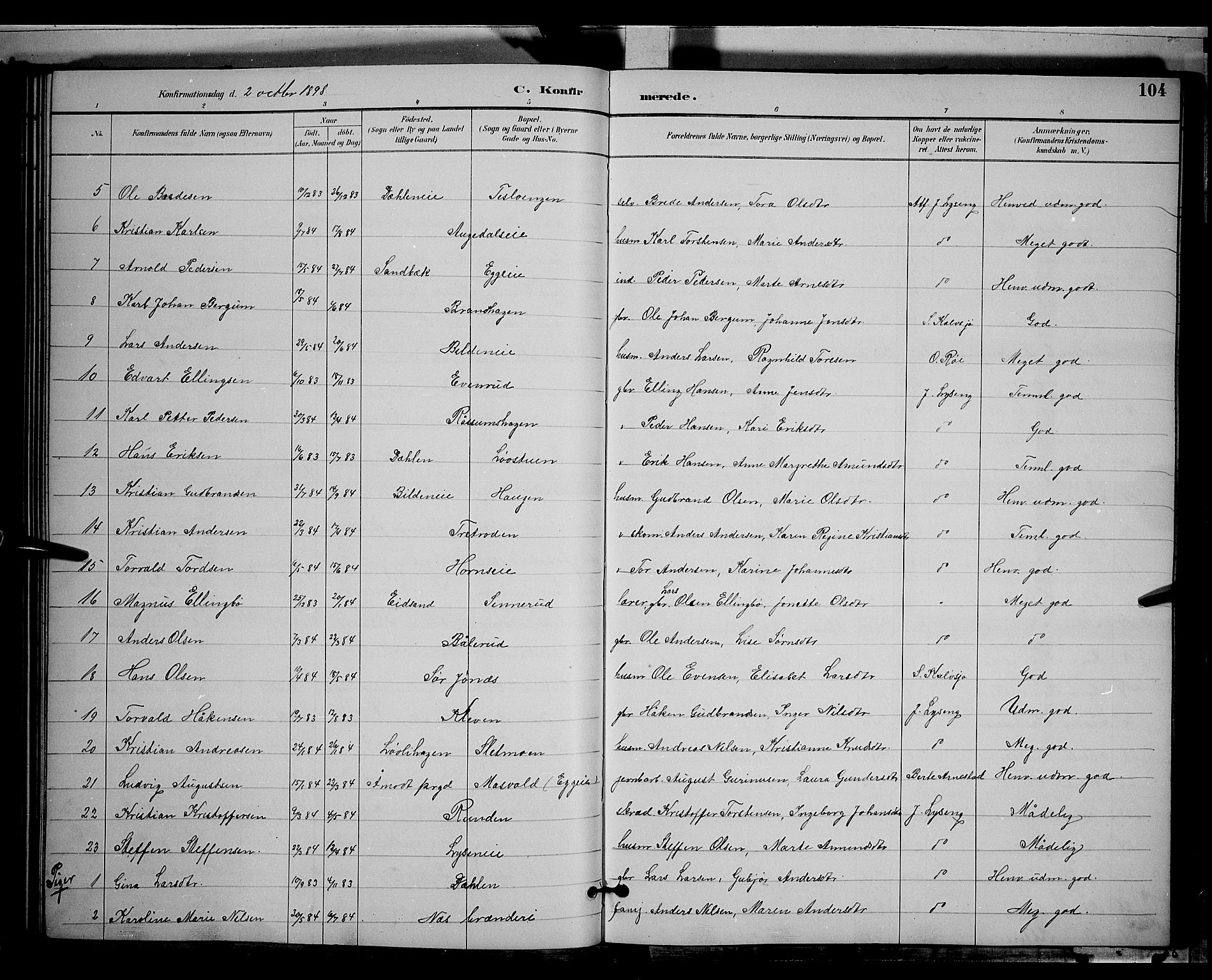 Gran prestekontor, AV/SAH-PREST-112/H/Ha/Hab/L0004: Parish register (copy) no. 4, 1890-1899, p. 104