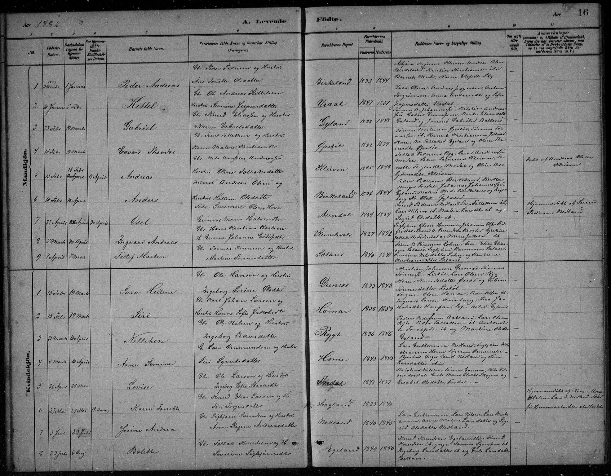 Bakke sokneprestkontor, SAK/1111-0002/F/Fb/Fbb/L0003: Parish register (copy) no. B 3, 1878-1896, p. 16
