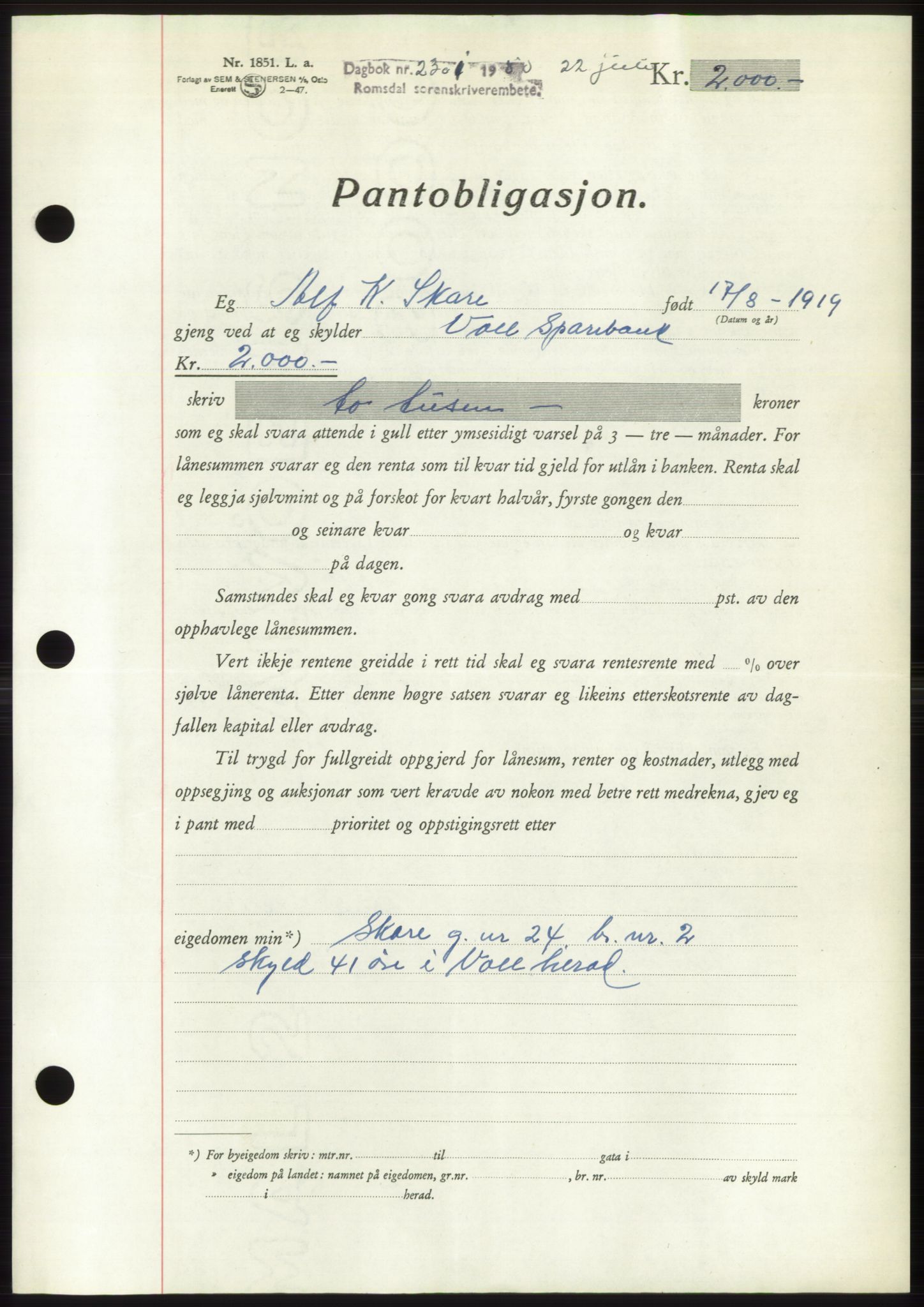 Romsdal sorenskriveri, AV/SAT-A-4149/1/2/2C: Mortgage book no. B5, 1949-1950, Diary no: : 2301/1950