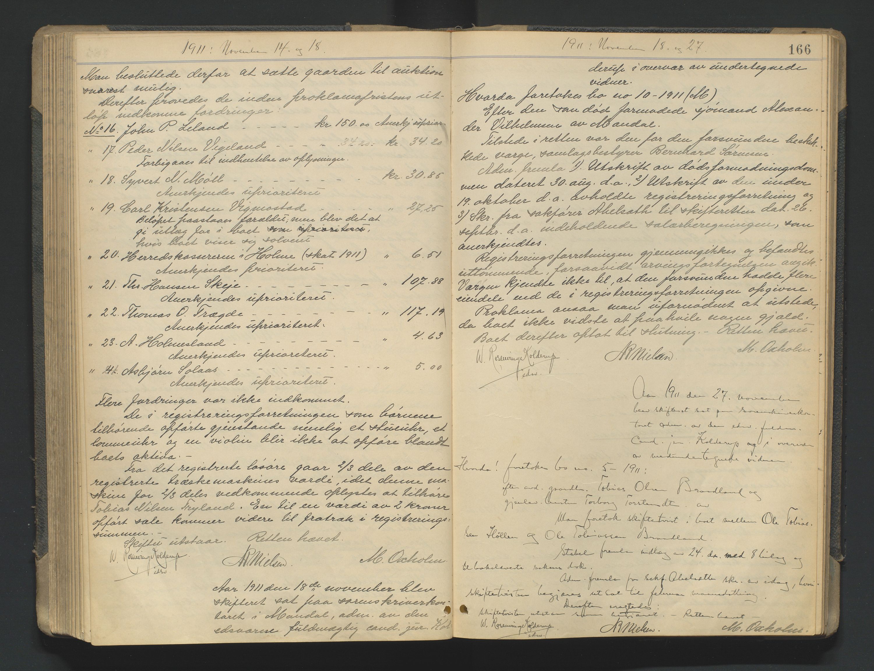 Mandal sorenskriveri, AV/SAK-1221-0005/001/H/Hc/L0081: Skifteforhandlingsprotokoll nr 13, 1909-1913, p. 166