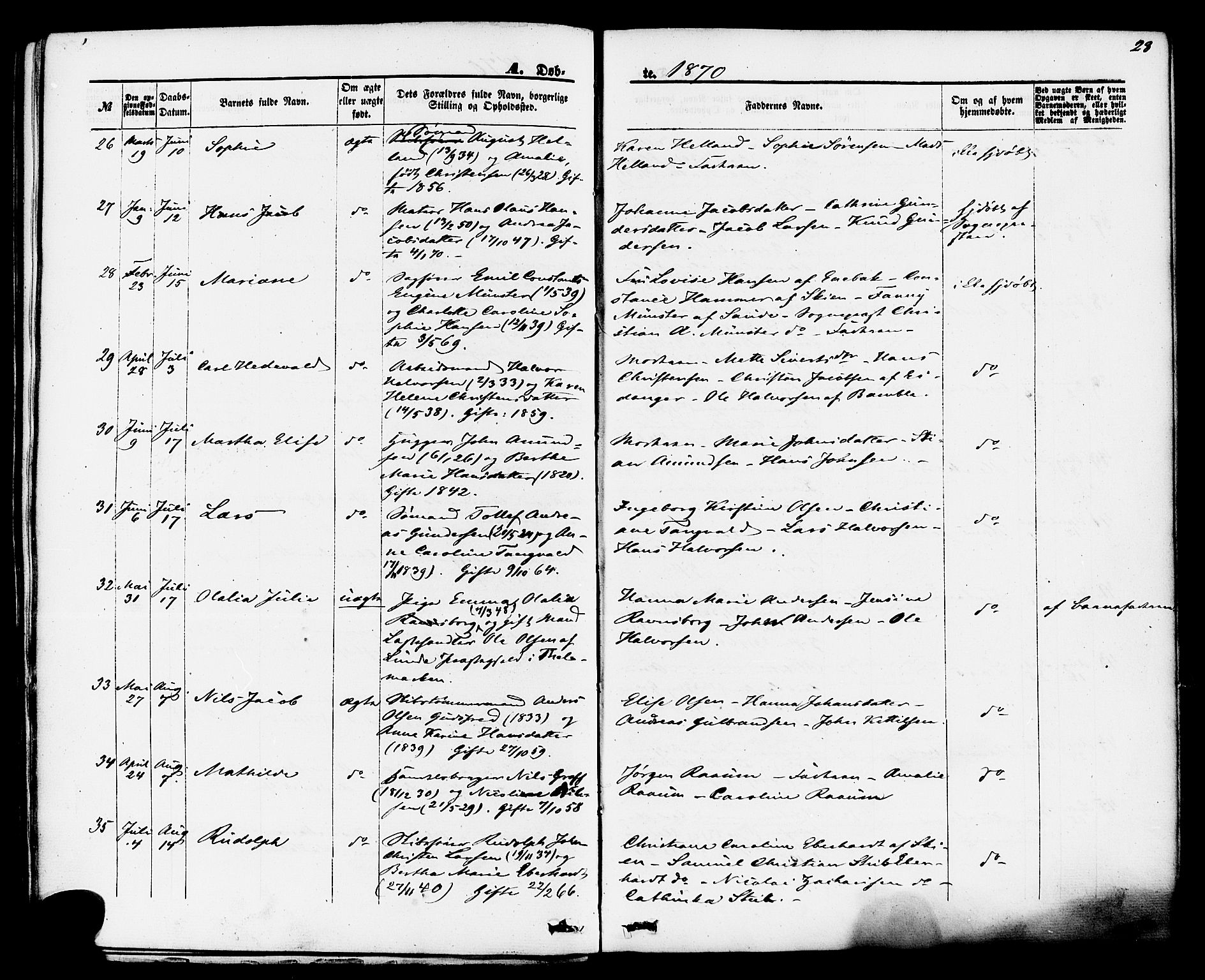 Brevik kirkebøker, SAKO/A-255/F/Fa/L0006: Parish register (official) no. 6, 1866-1881, p. 28