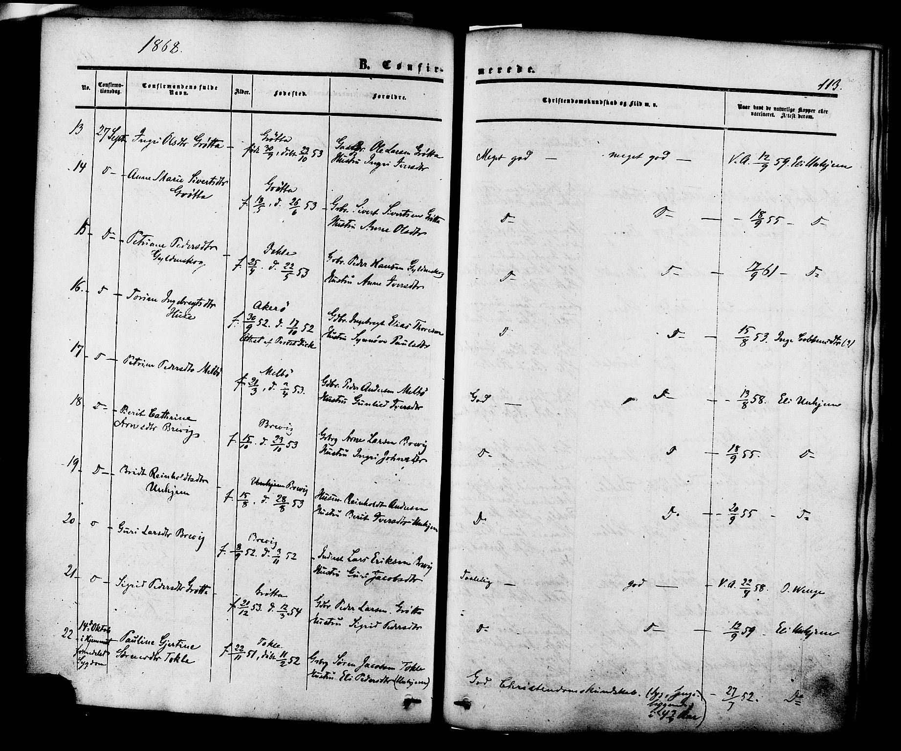 Ministerialprotokoller, klokkerbøker og fødselsregistre - Møre og Romsdal, SAT/A-1454/545/L0586: Parish register (official) no. 545A02, 1854-1877, p. 113