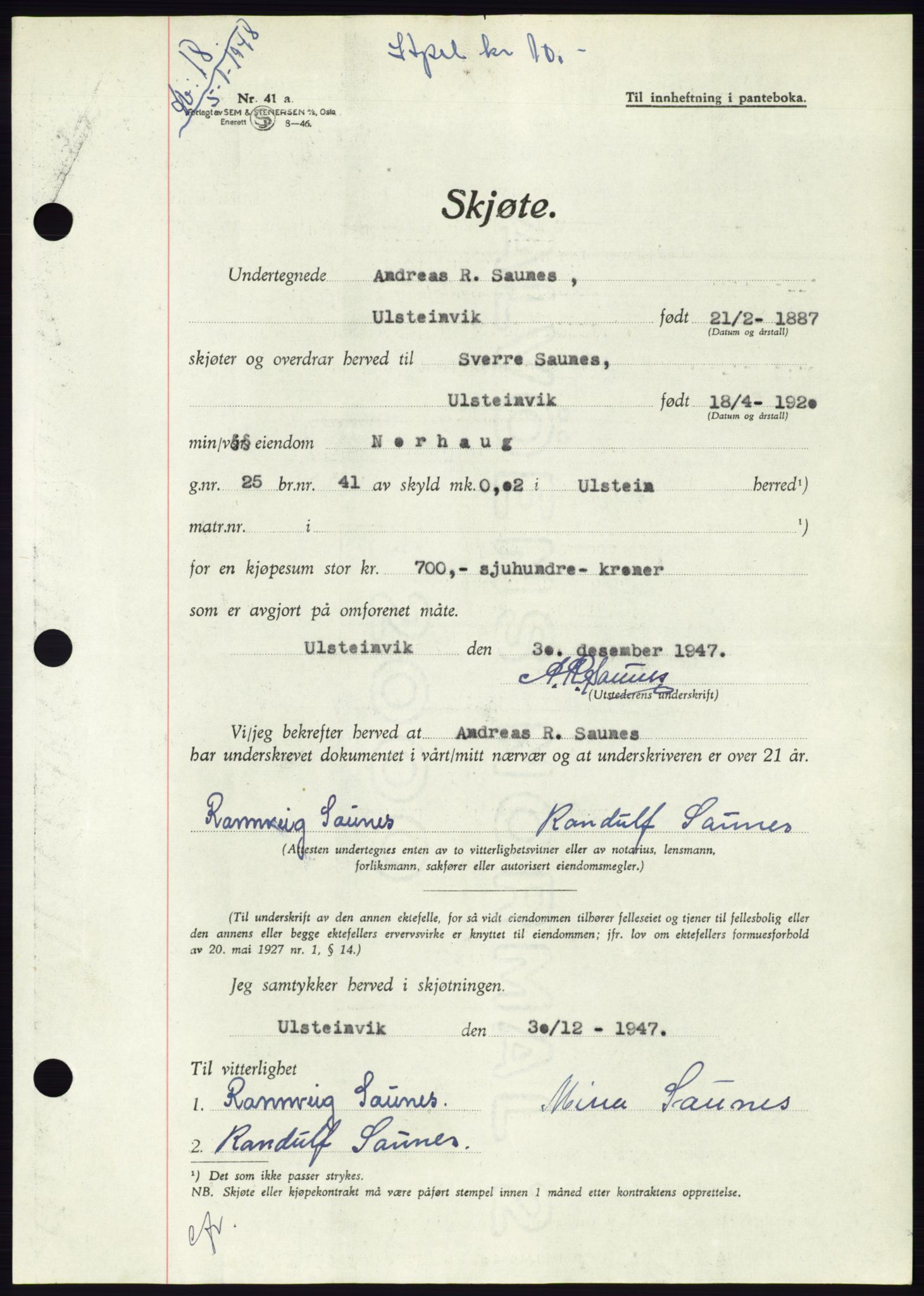 Søre Sunnmøre sorenskriveri, AV/SAT-A-4122/1/2/2C/L0081: Mortgage book no. 7A, 1947-1948, Diary no: : 18/1948