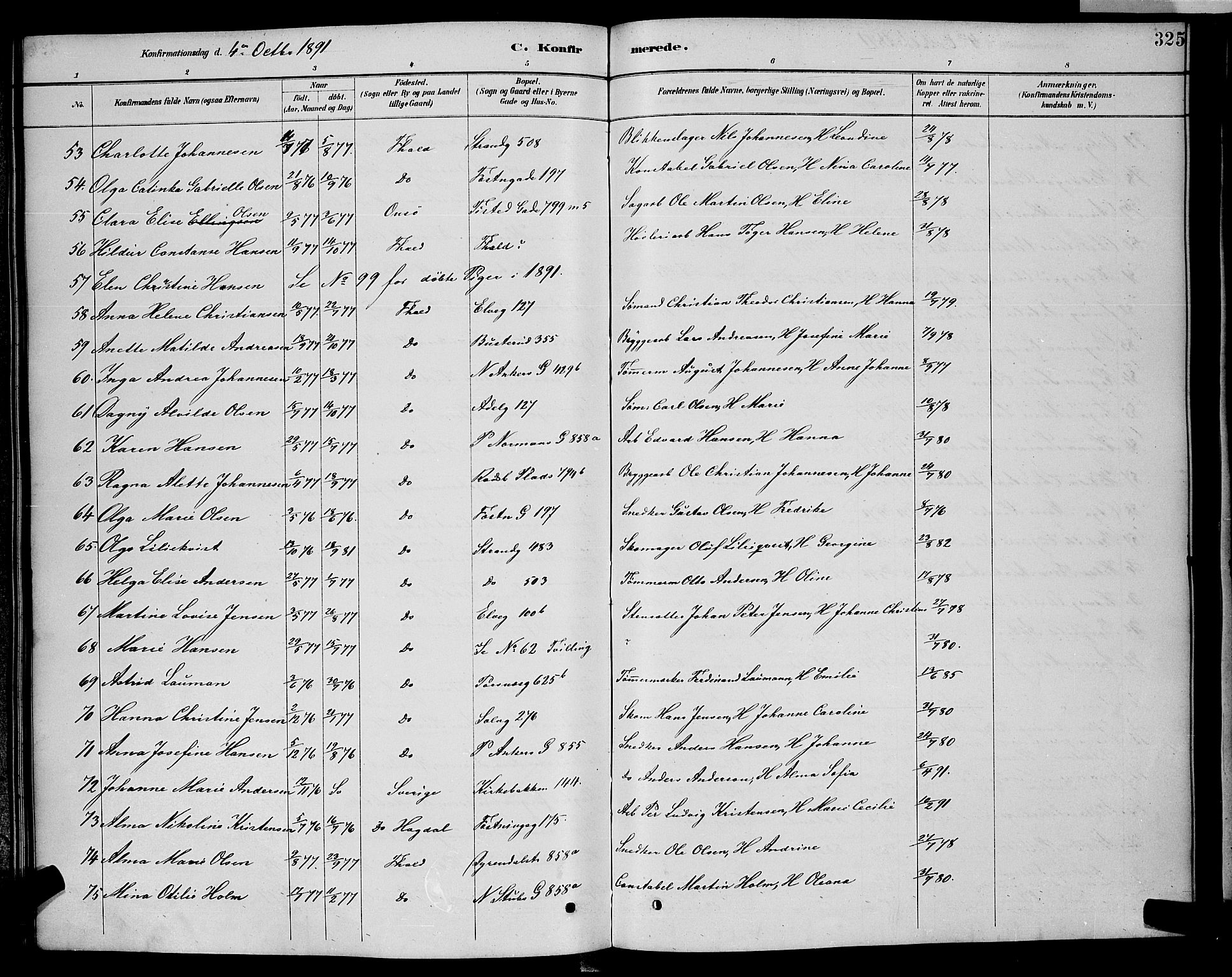 Halden prestekontor Kirkebøker, SAO/A-10909/G/Ga/L0008: Parish register (copy) no. 8, 1885-1899, p. 325