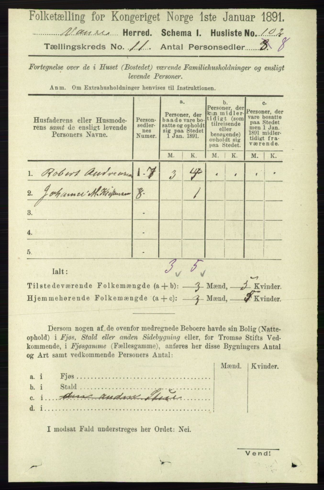 RA, 1891 census for 1041 Vanse, 1891, p. 6180