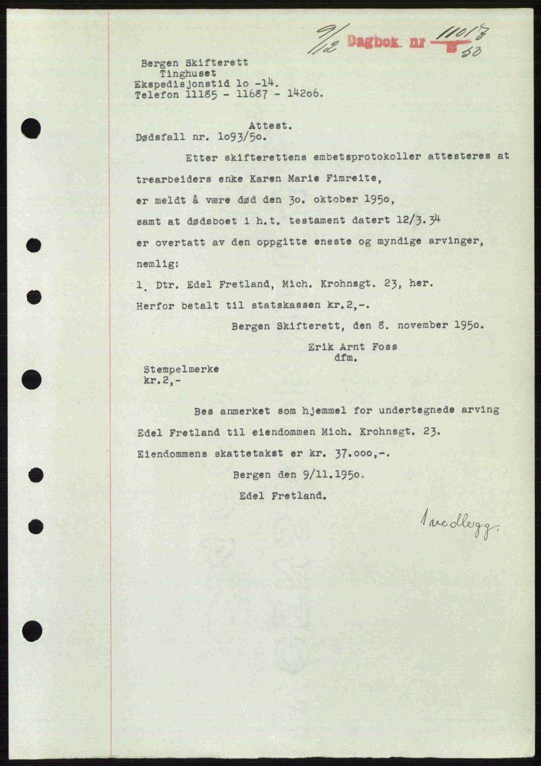 Byfogd og Byskriver i Bergen, SAB/A-3401/03/03Bc/L0034: Mortgage book no. A27-28, 1950-1950, Diary no: : 11017/1950
