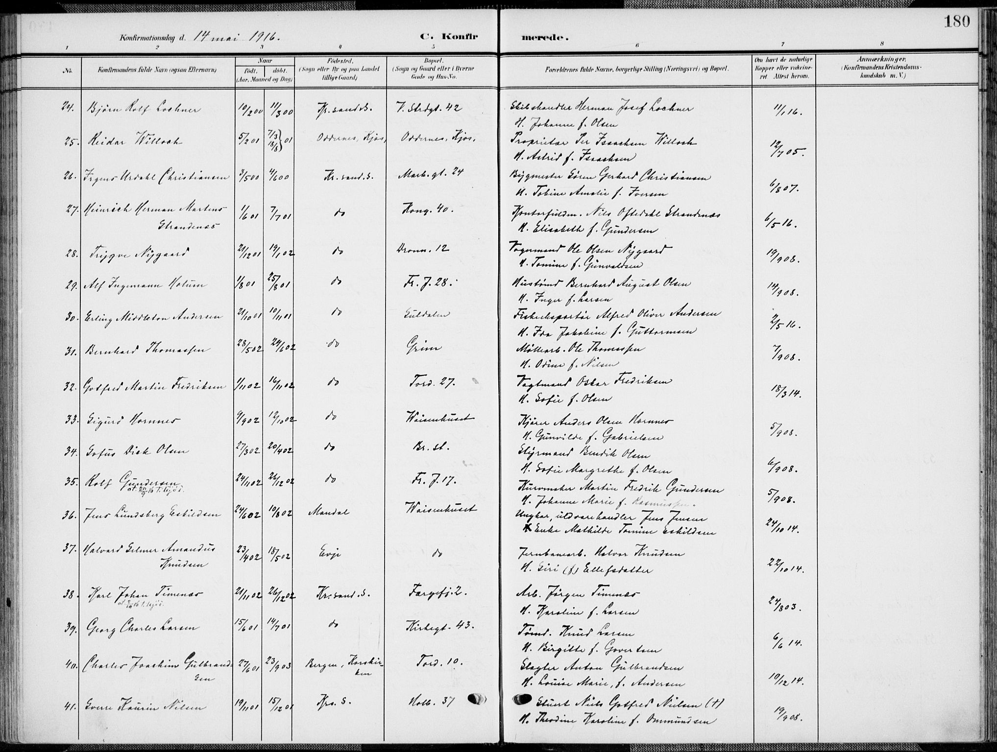 Kristiansand domprosti, SAK/1112-0006/F/Fa/L0022: Parish register (official) no. A 21, 1905-1916, p. 180