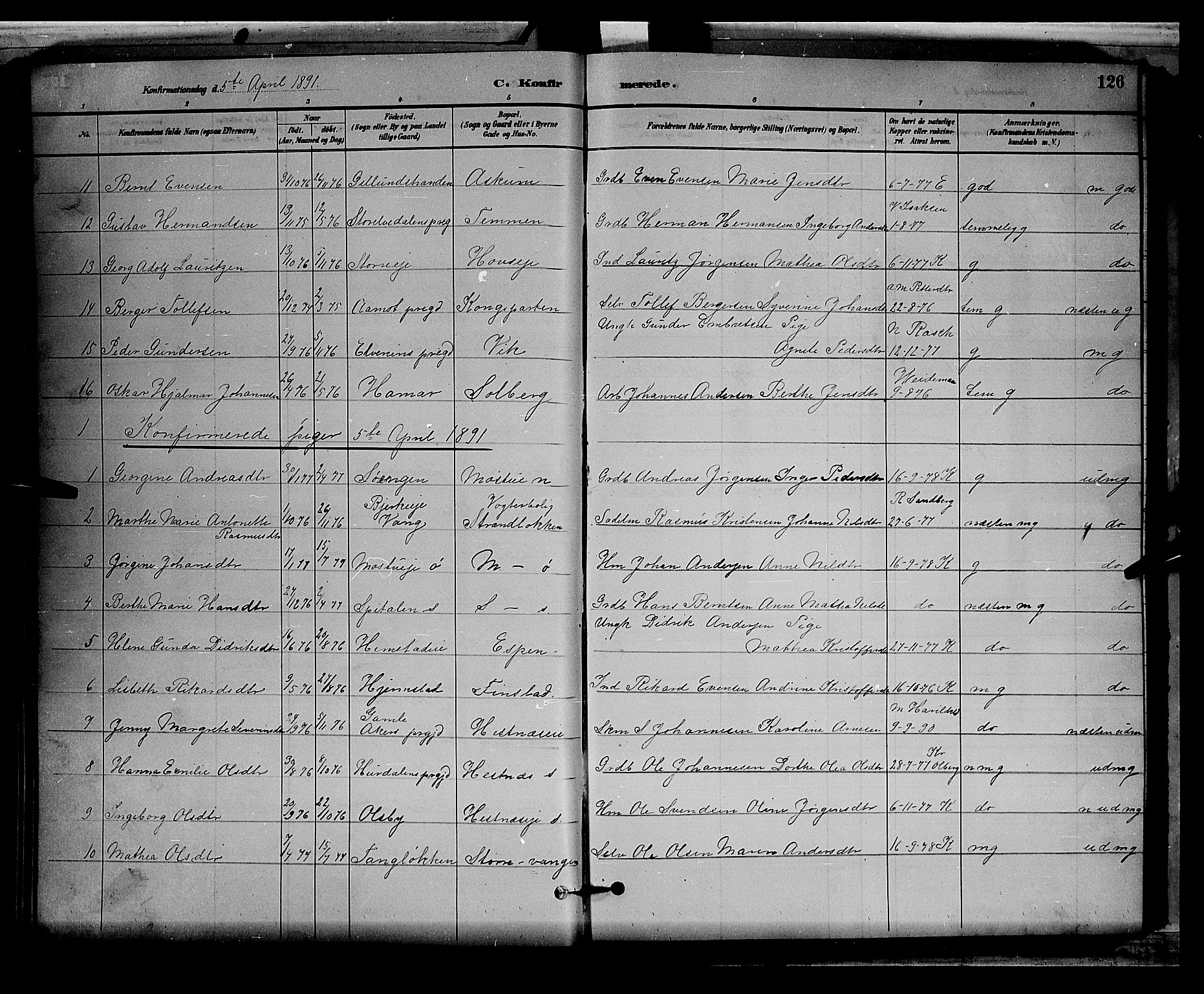 Stange prestekontor, SAH/PREST-002/L/L0008: Parish register (copy) no. 8, 1882-1895, p. 126