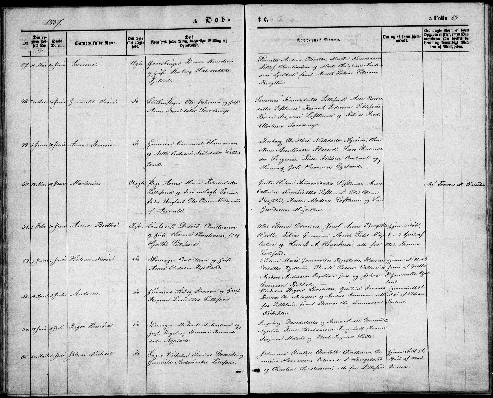 Vestre Moland sokneprestkontor, AV/SAK-1111-0046/F/Fb/Fbb/L0003: Parish register (copy) no. B 3, 1851-1861, p. 63