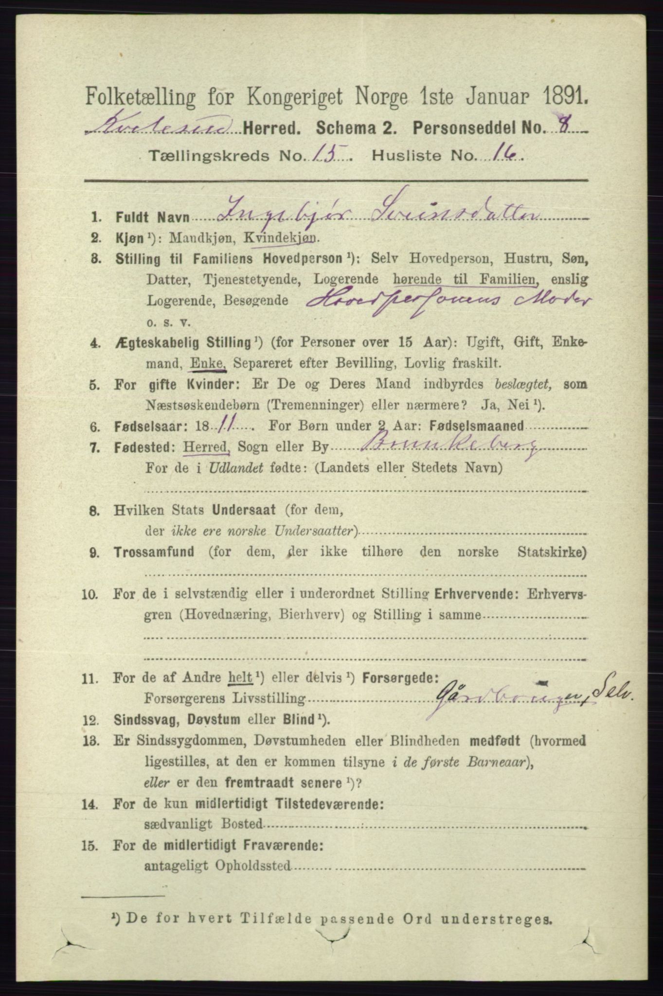 RA, 1891 census for 0829 Kviteseid, 1891, p. 3604