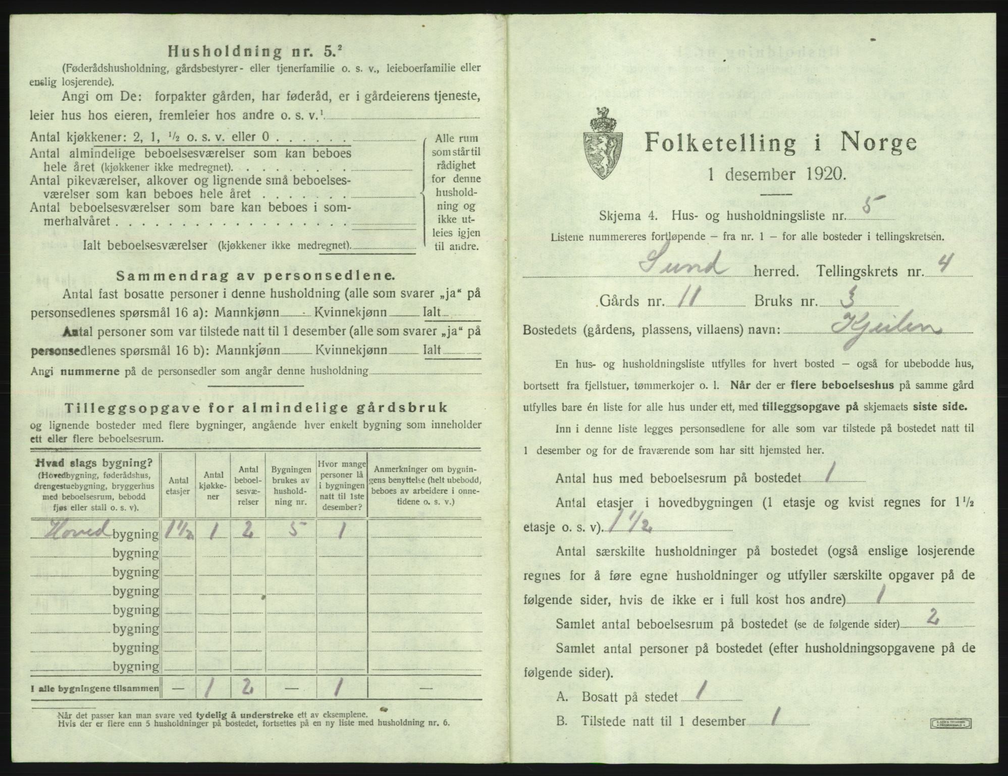 SAB, 1920 census for Sund, 1920, p. 291