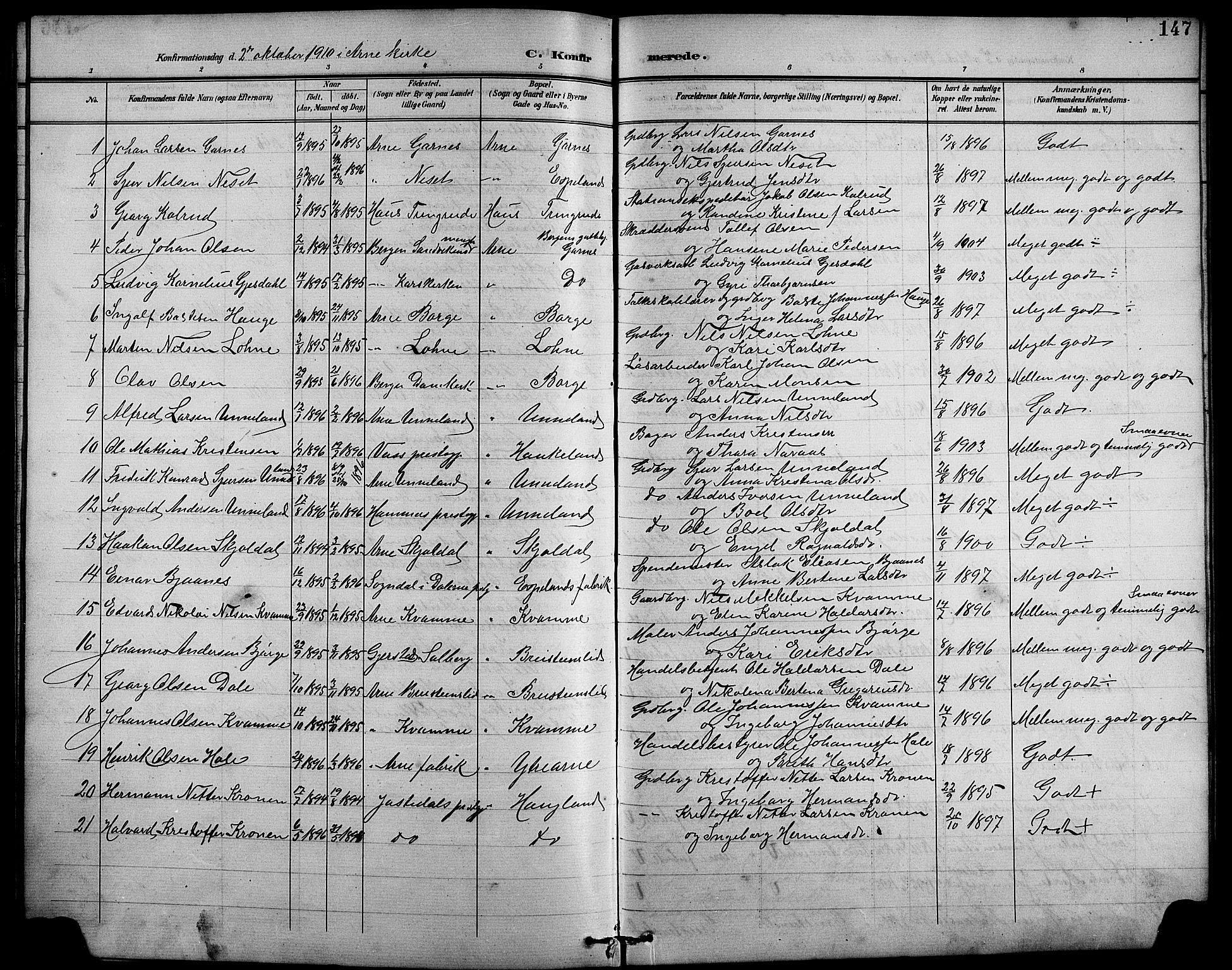 Arna Sokneprestembete, SAB/A-74001/H/Ha/Hab: Parish register (copy) no. A 4, 1898-1910, p. 147