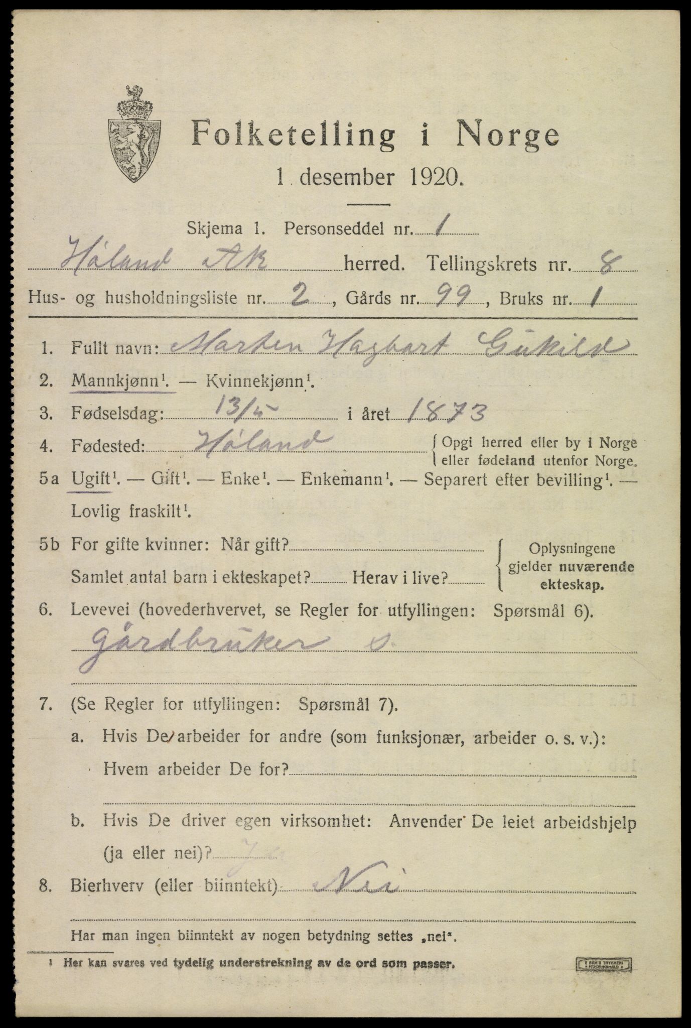 SAO, 1920 census for Høland, 1920, p. 9683