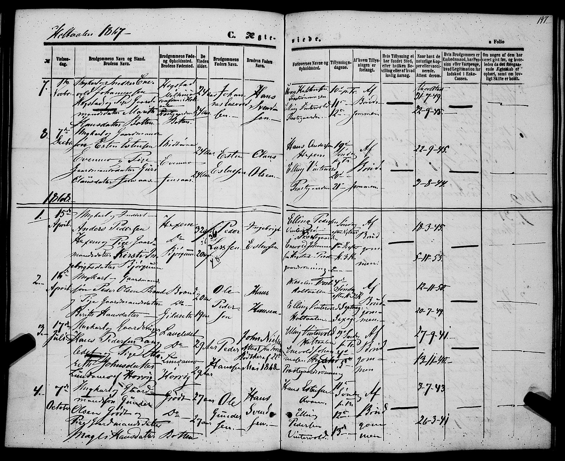 Ministerialprotokoller, klokkerbøker og fødselsregistre - Sør-Trøndelag, SAT/A-1456/685/L0966: Parish register (official) no. 685A07 /1, 1860-1869, p. 147