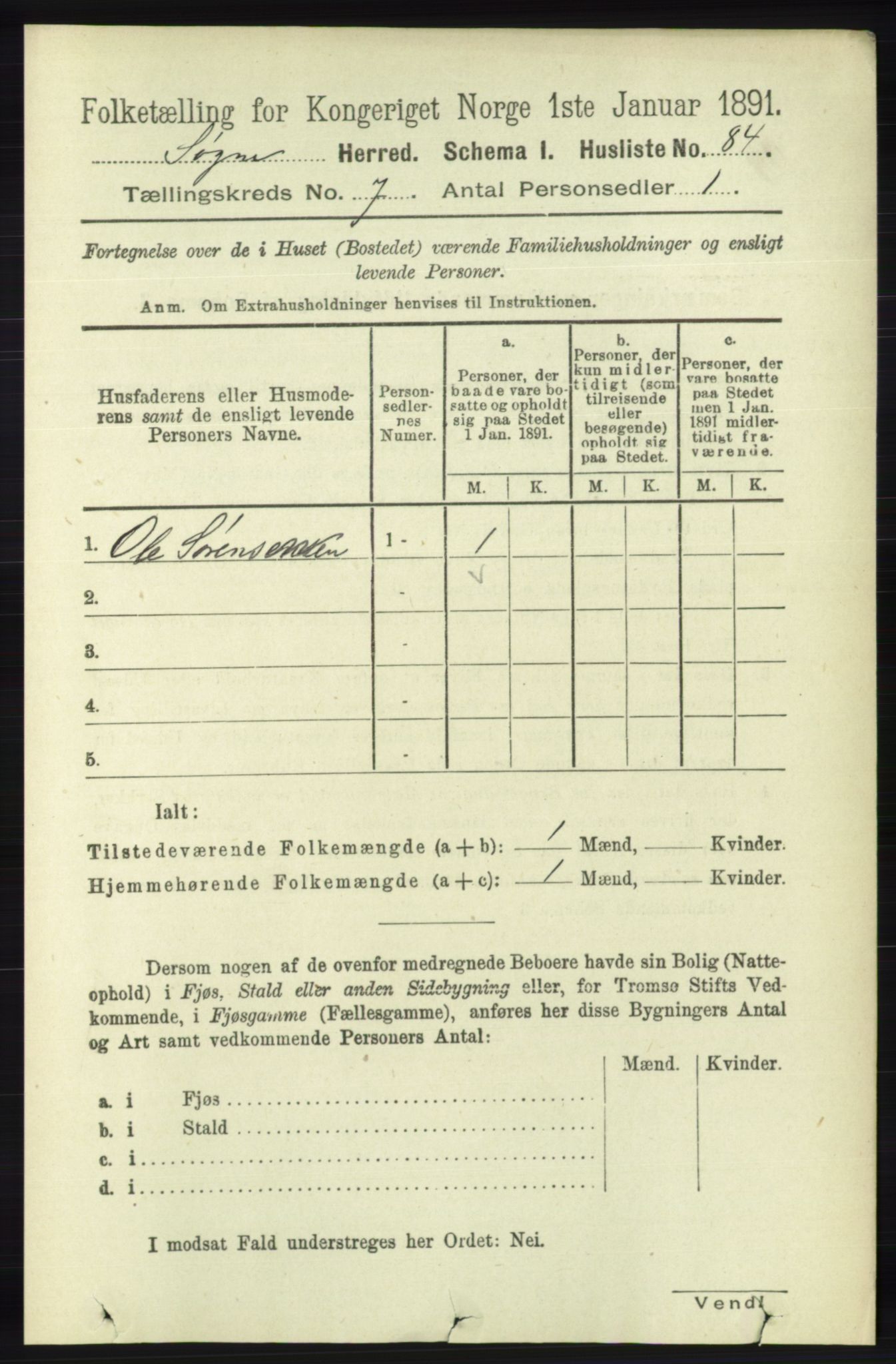 RA, 1891 census for 1018 Søgne, 1891, p. 1507