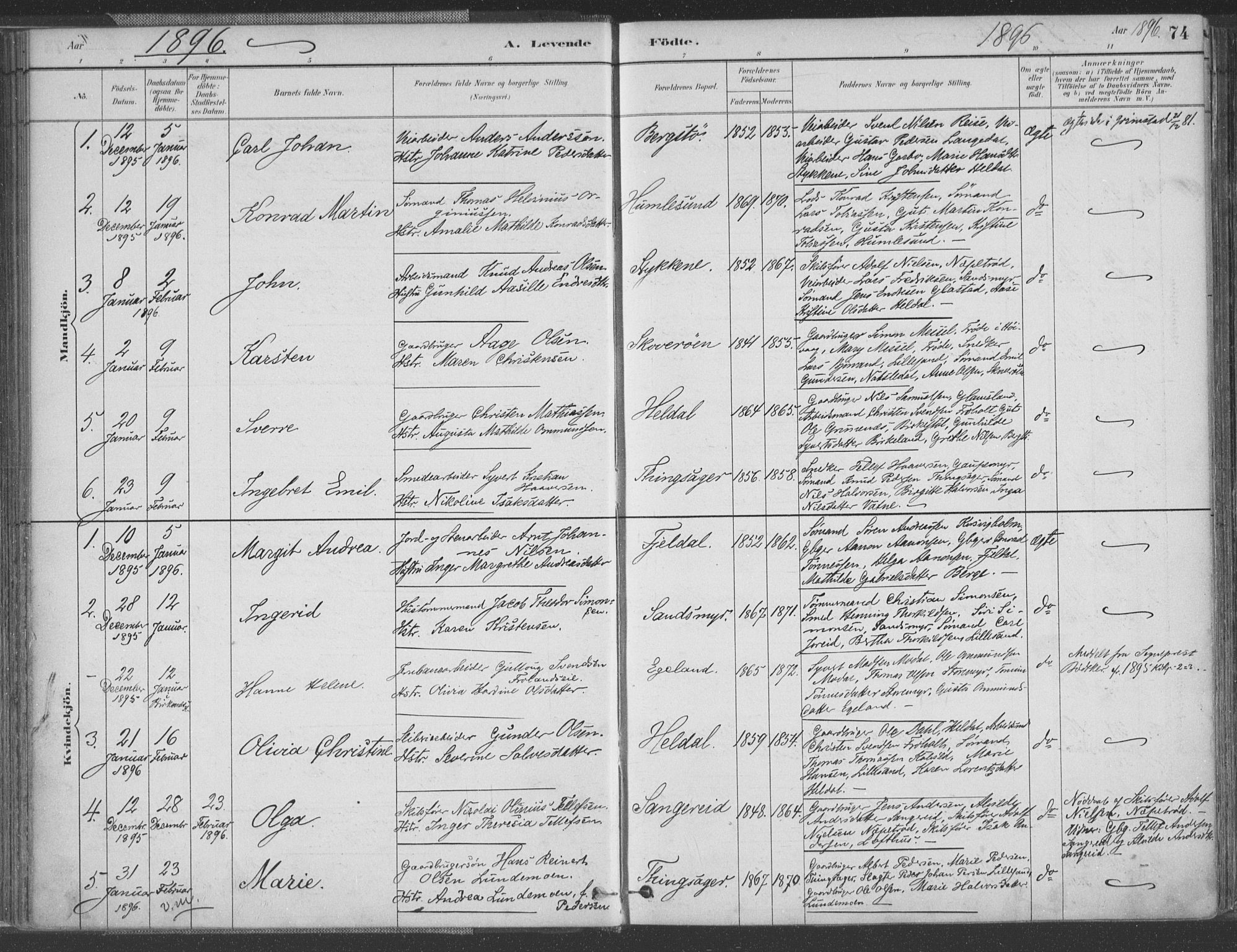 Vestre Moland sokneprestkontor, SAK/1111-0046/F/Fa/Fab/L0009: Parish register (official) no. A 9, 1884-1899, p. 74