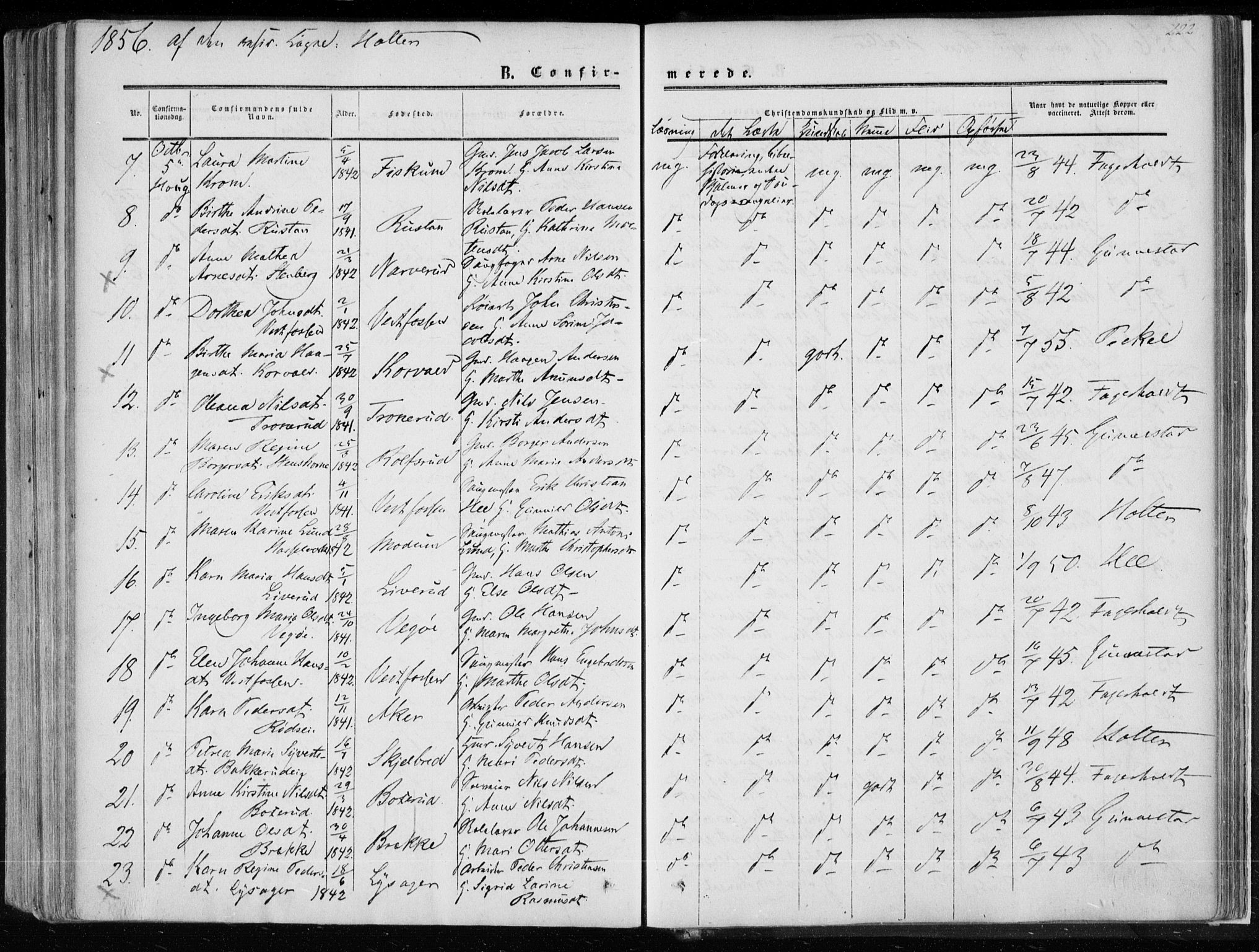 Eiker kirkebøker, AV/SAKO-A-4/F/Fa/L0015a: Parish register (official) no. I 15A, 1854-1860, p. 222