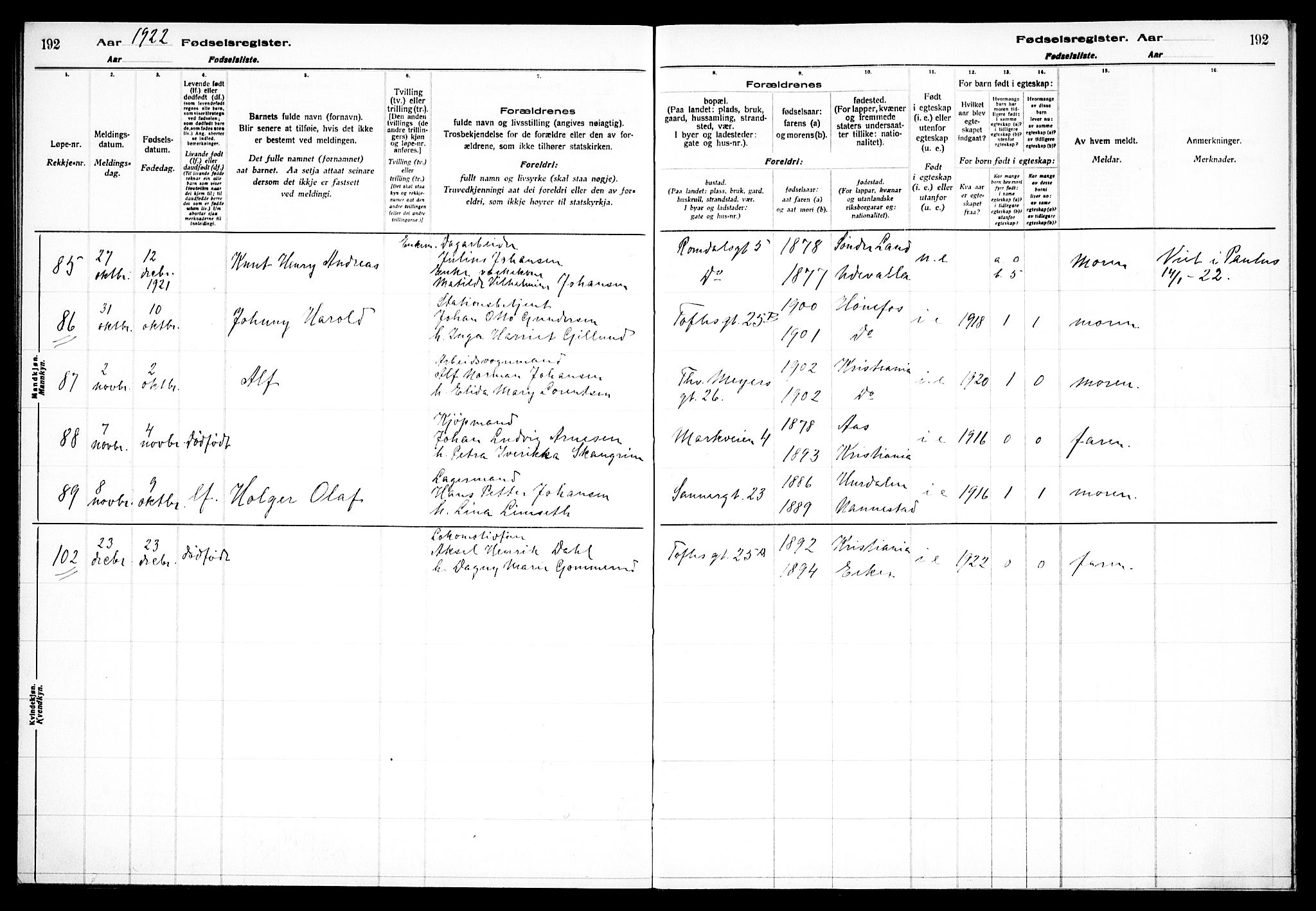 Paulus prestekontor Kirkebøker, AV/SAO-A-10871/J/Ja/L0001: Birth register no. 1, 1916-1923, p. 192