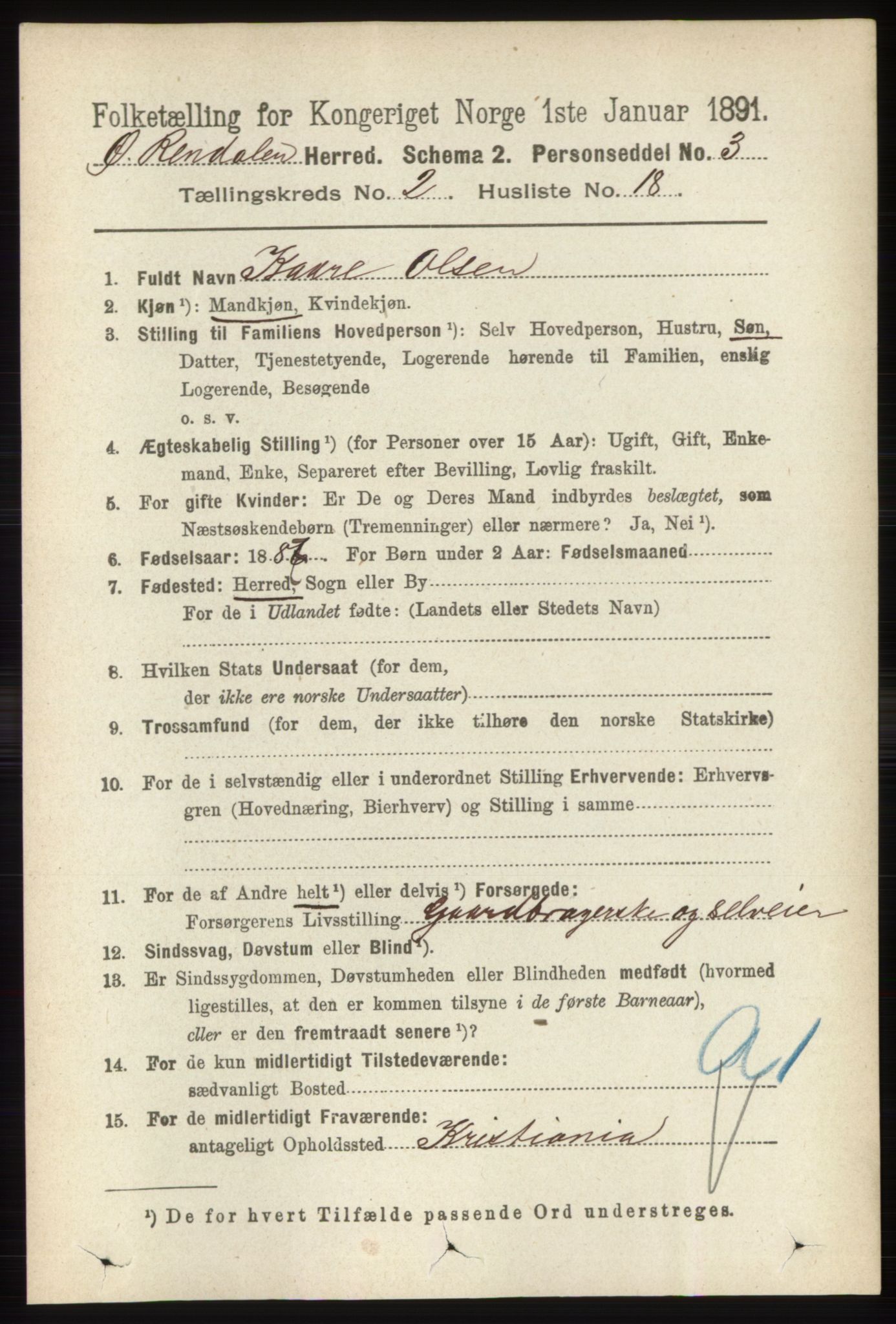 RA, 1891 census for 0433 Øvre Rendal, 1891, p. 500