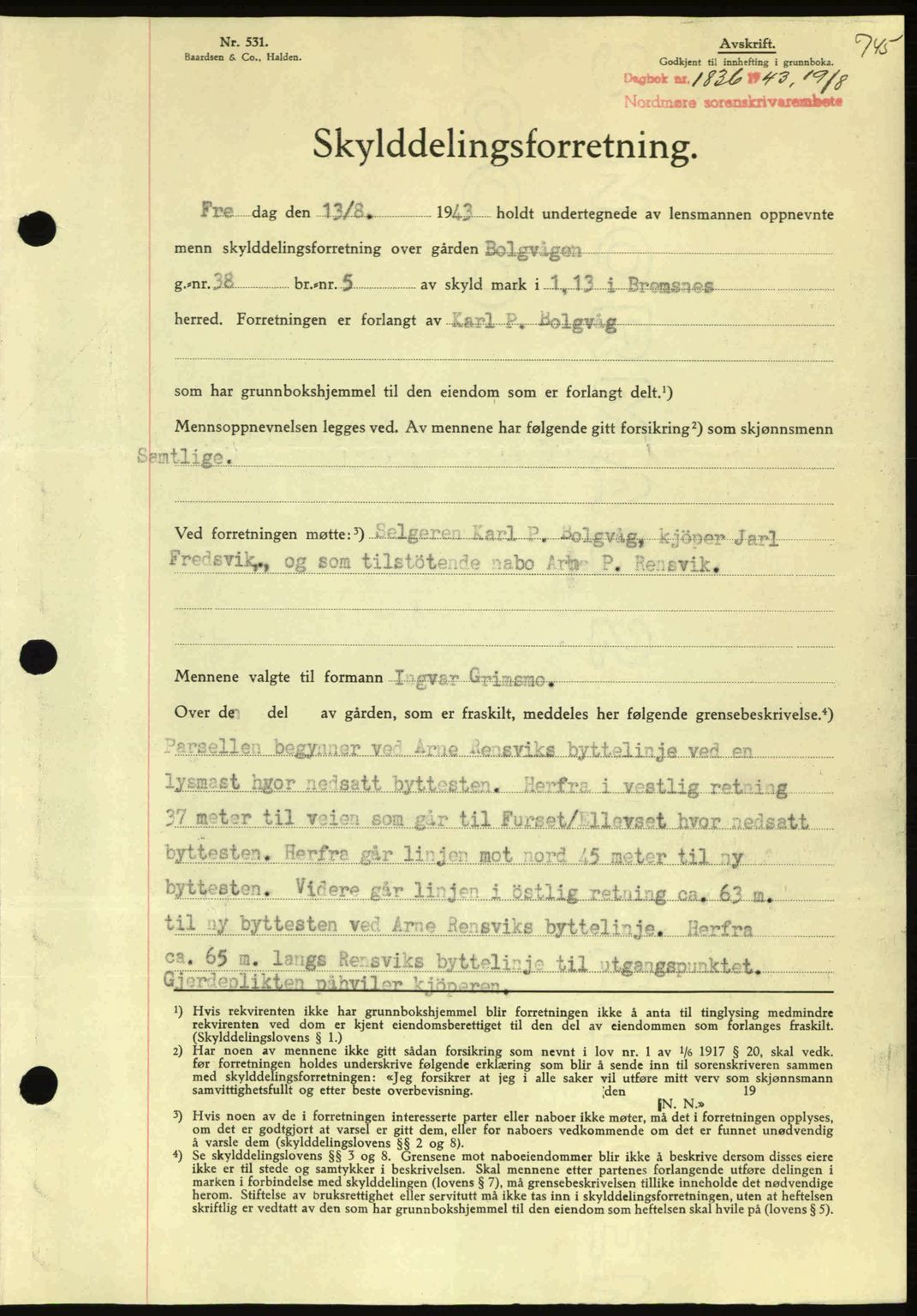 Nordmøre sorenskriveri, AV/SAT-A-4132/1/2/2Ca: Mortgage book no. A95, 1943-1943, Diary no: : 1836/1943