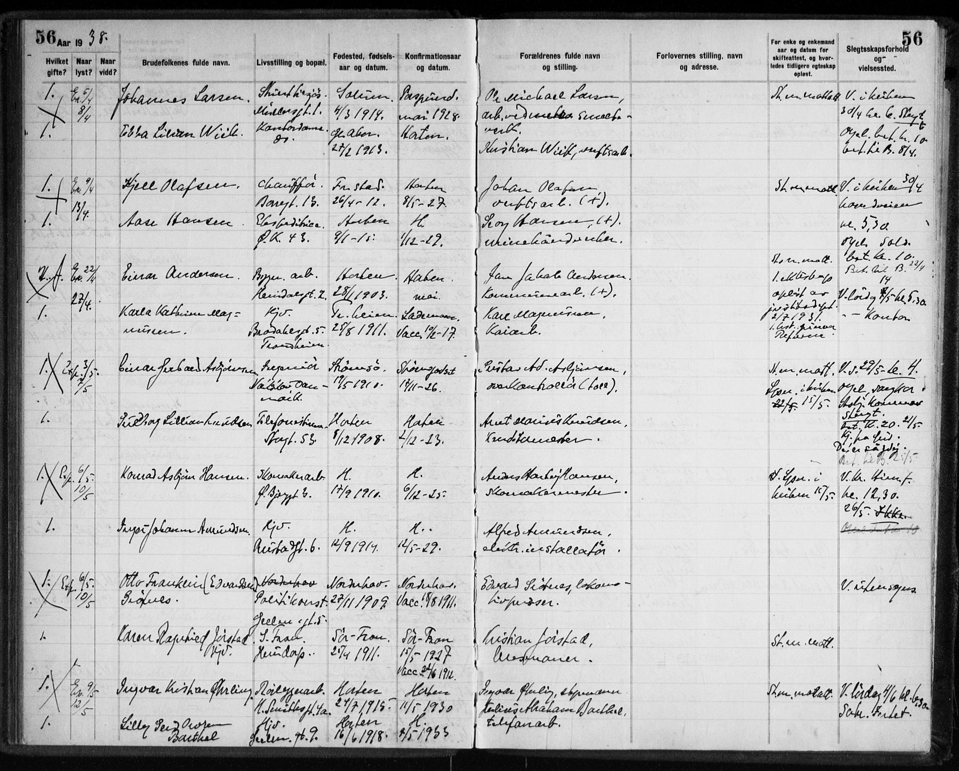 Horten kirkebøker, AV/SAKO-A-348/H/Ha/L0007: Banns register no. 7, 1934-1947, p. 56