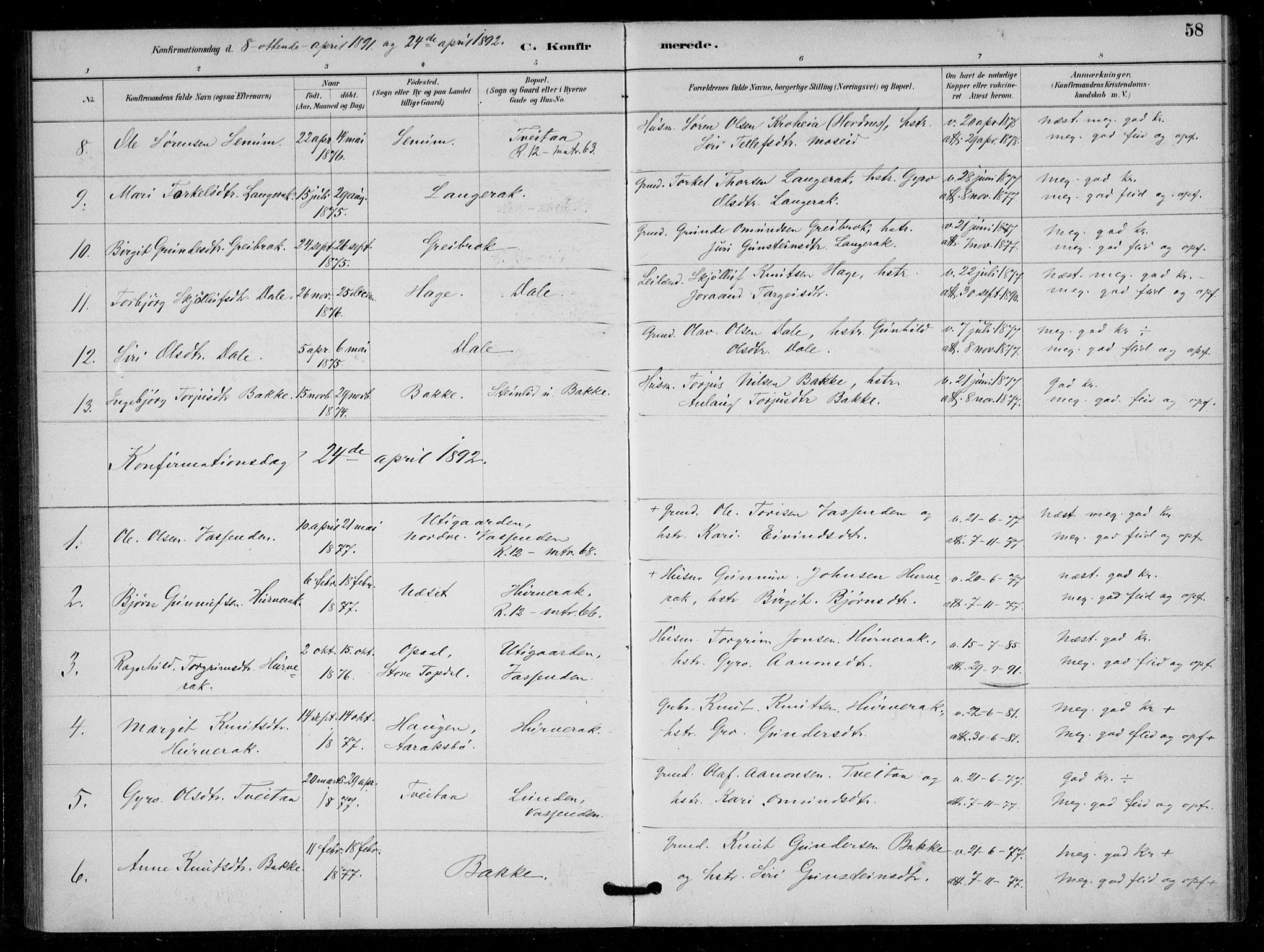 Bygland sokneprestkontor, SAK/1111-0006/F/Fa/Fad/L0001: Parish register (official) no. A 1, 1885-1906, p. 58