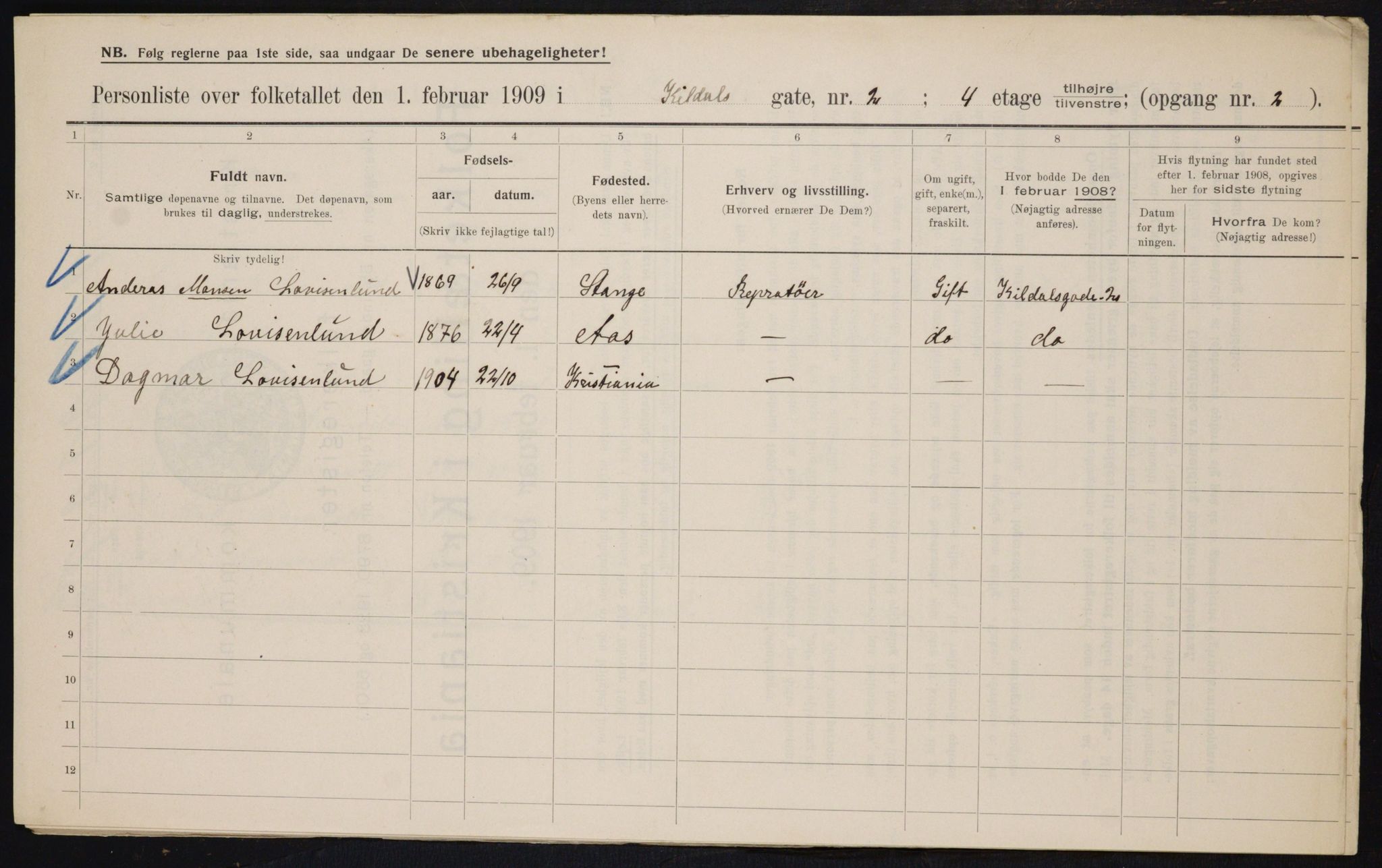 OBA, Municipal Census 1909 for Kristiania, 1909, p. 68527