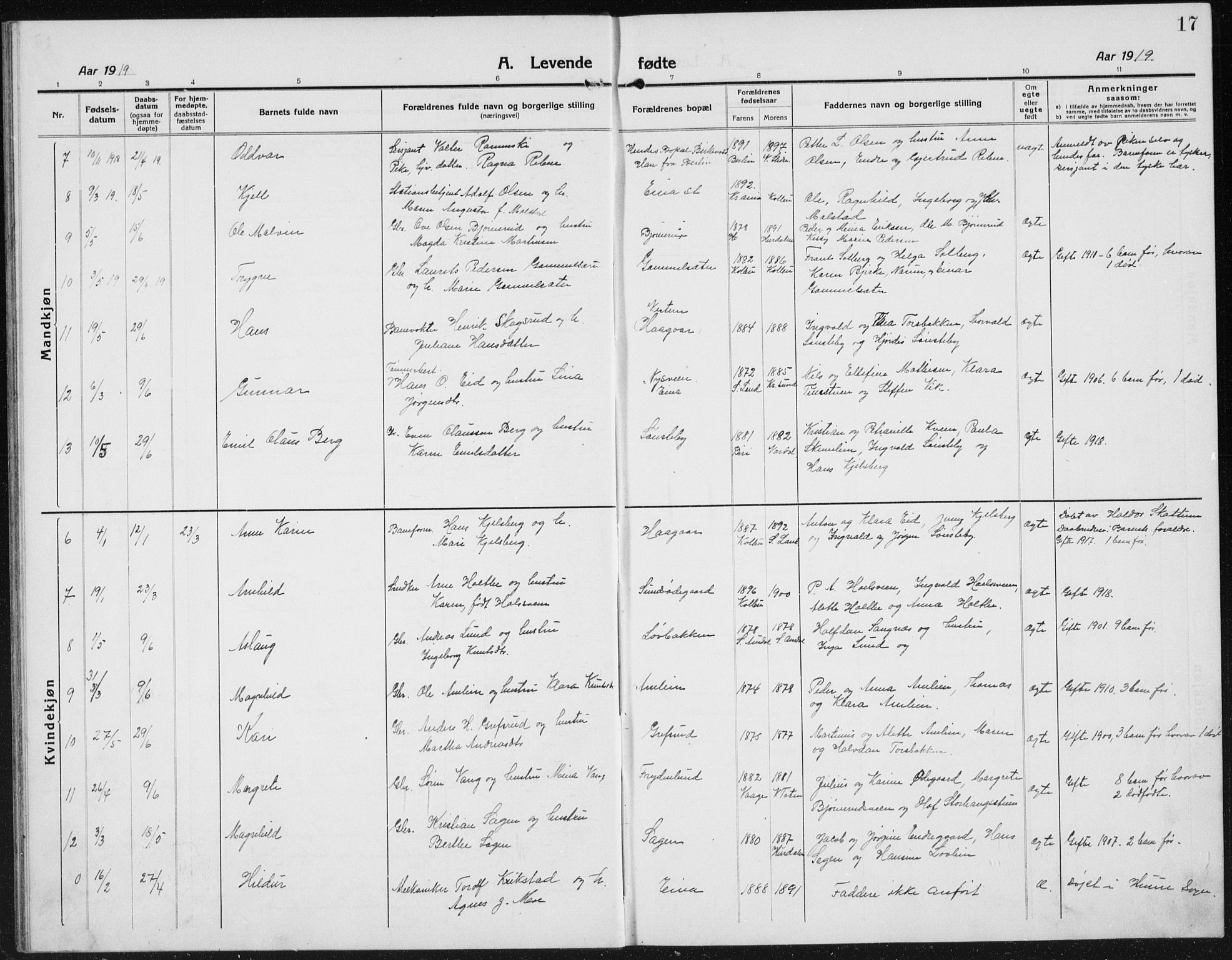 Kolbu prestekontor, SAH/PREST-110/H/Ha/Hab/L0006: Parish register (copy) no. 6, 1916-1934, p. 17