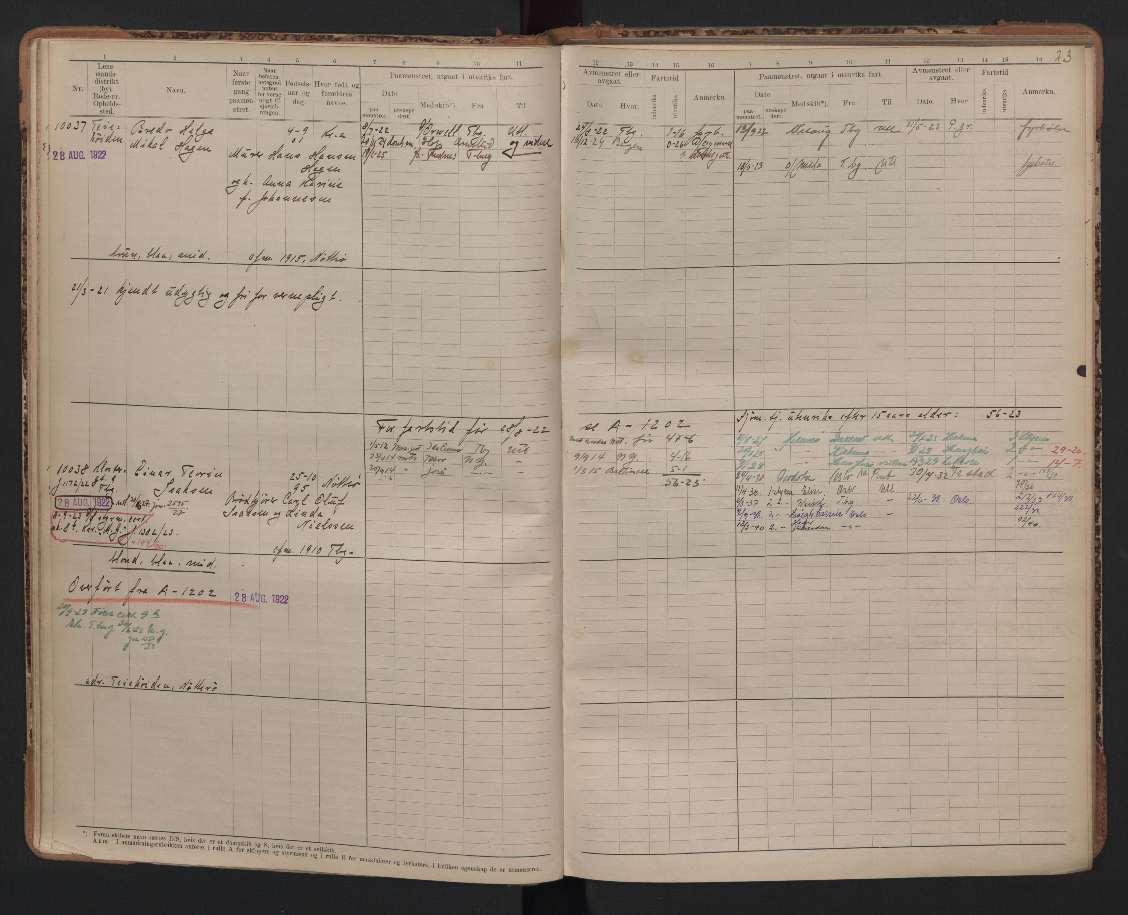 Tønsberg innrulleringskontor, AV/SAKO-A-786/F/Fc/Fcb/L0010: Hovedrulle Patent nr. 9993-1923, 1922-1923, p. 23