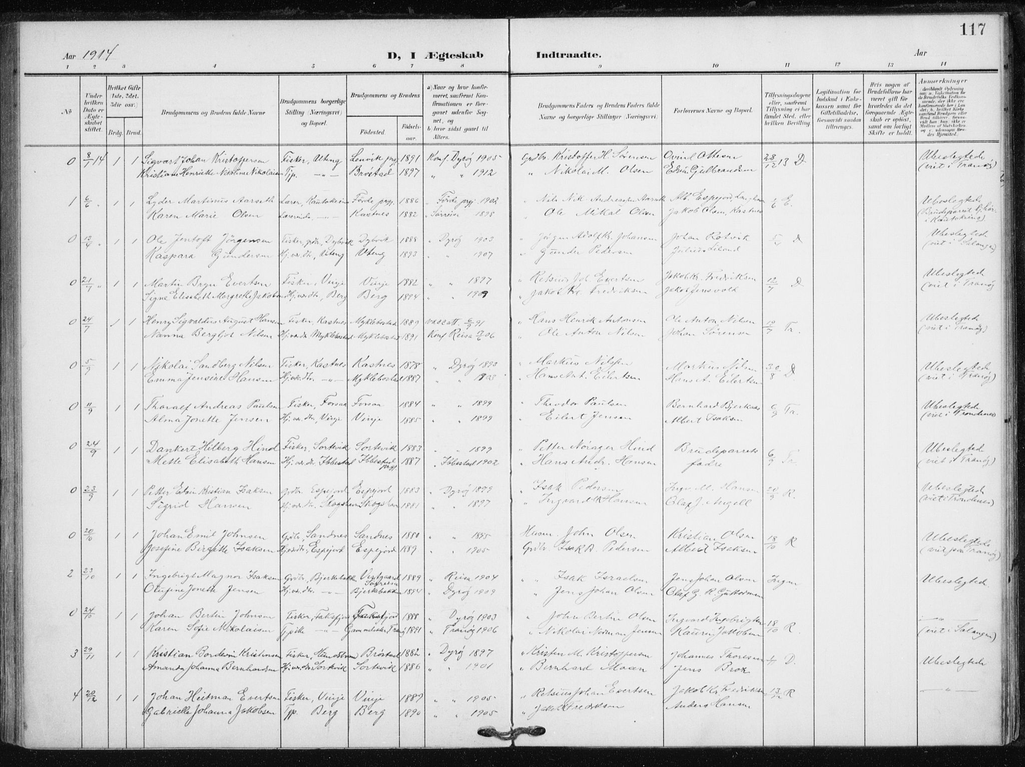 Tranøy sokneprestkontor, AV/SATØ-S-1313/I/Ia/Iaa/L0013kirke: Parish register (official) no. 13, 1905-1922, p. 117