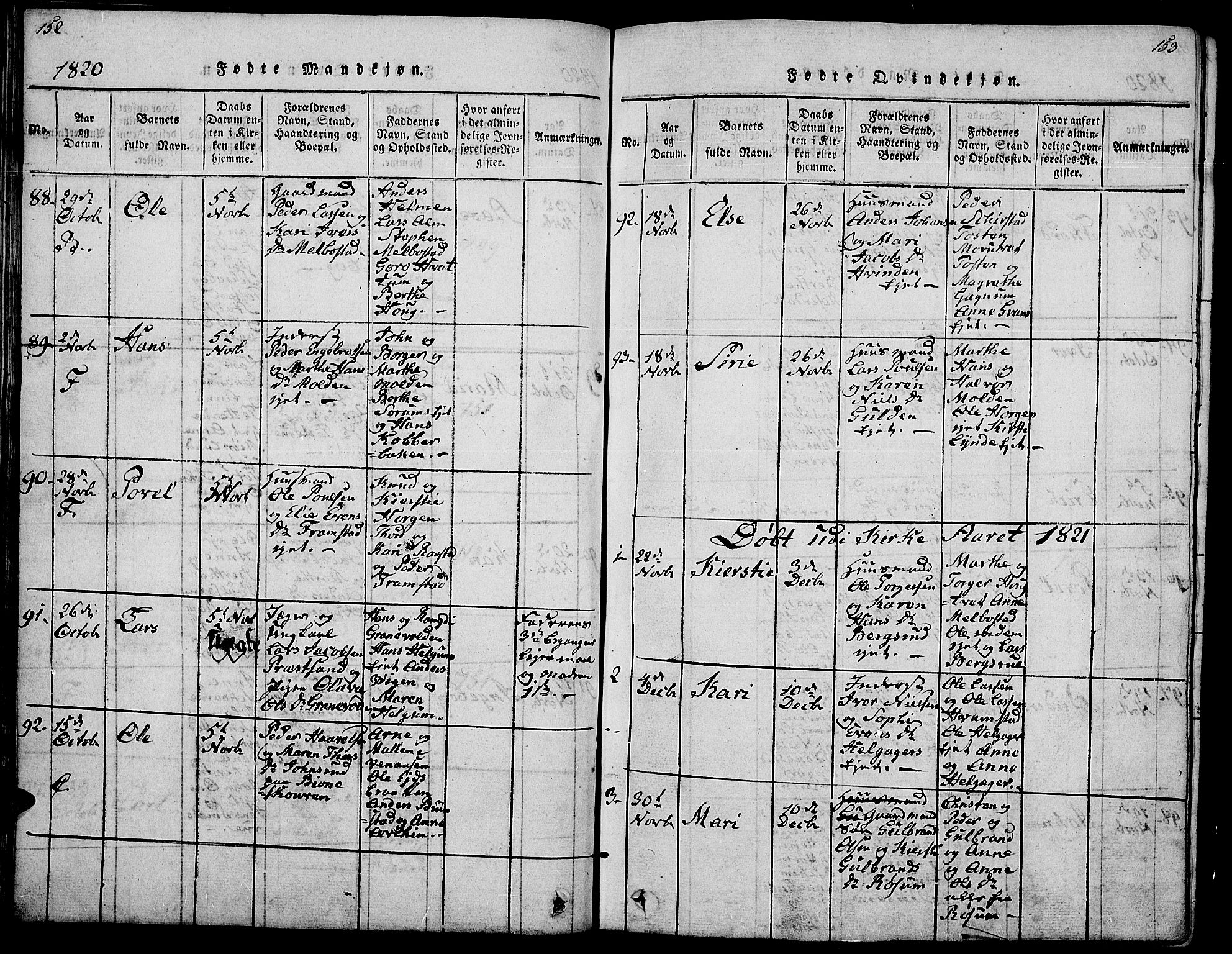 Gran prestekontor, SAH/PREST-112/H/Ha/Hab/L0001: Parish register (copy) no. 1, 1815-1824, p. 152-153