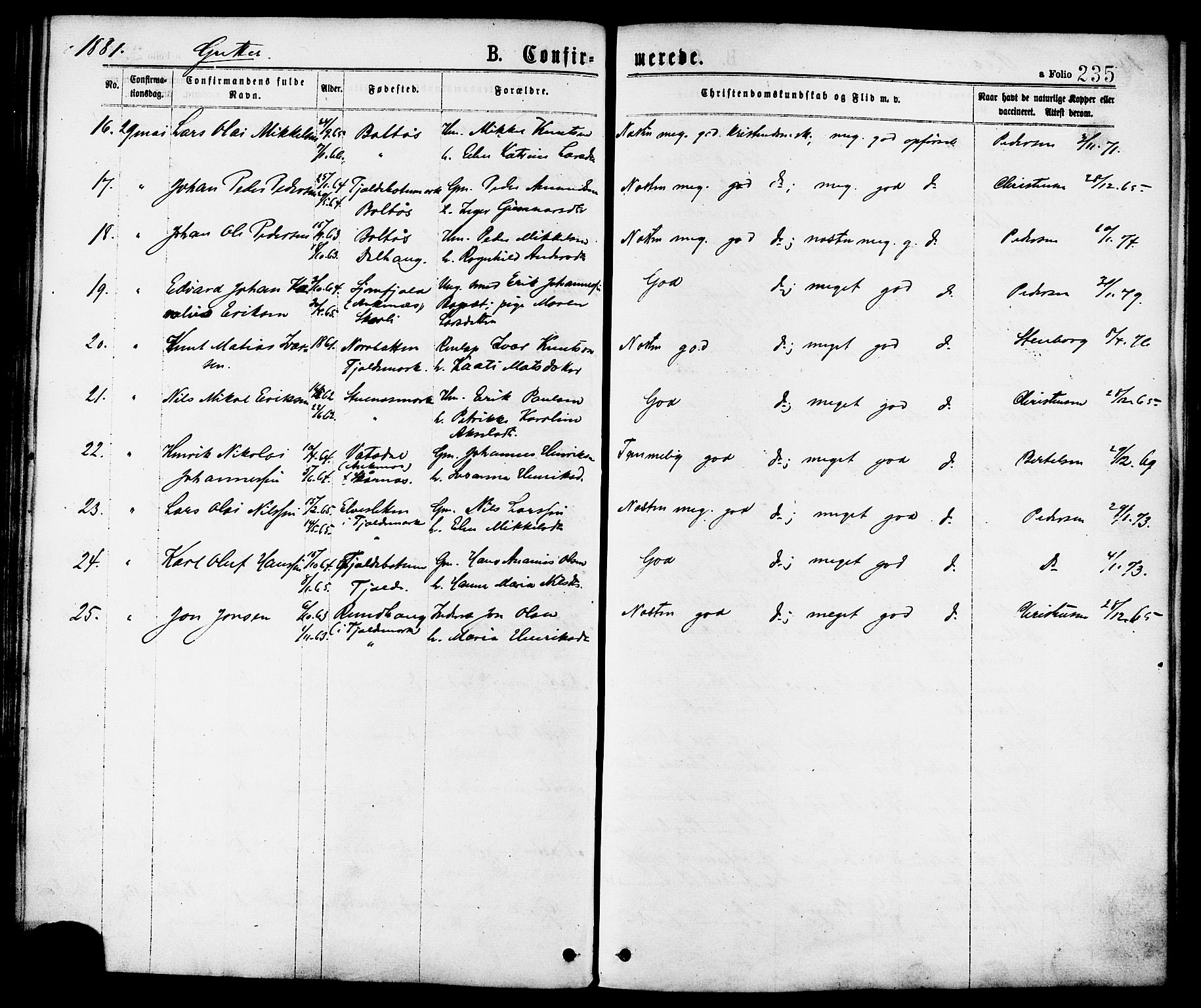 Ministerialprotokoller, klokkerbøker og fødselsregistre - Nordland, AV/SAT-A-1459/863/L0897: Parish register (official) no. 863A09, 1872-1886, p. 235