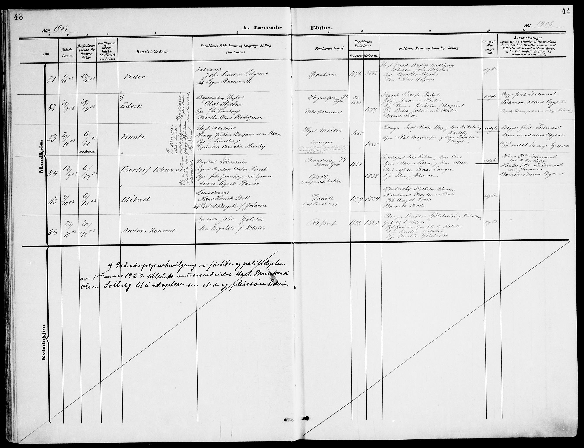 Ministerialprotokoller, klokkerbøker og fødselsregistre - Sør-Trøndelag, AV/SAT-A-1456/607/L0320: Parish register (official) no. 607A04, 1907-1915, p. 43-44