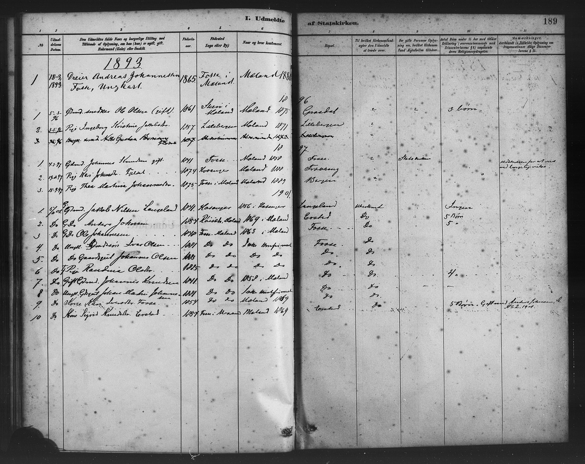 Alversund Sokneprestembete, SAB/A-73901/H/Ha/Haa/Haac/L0001: Parish register (official) no. C 1, 1882-1900, p. 189