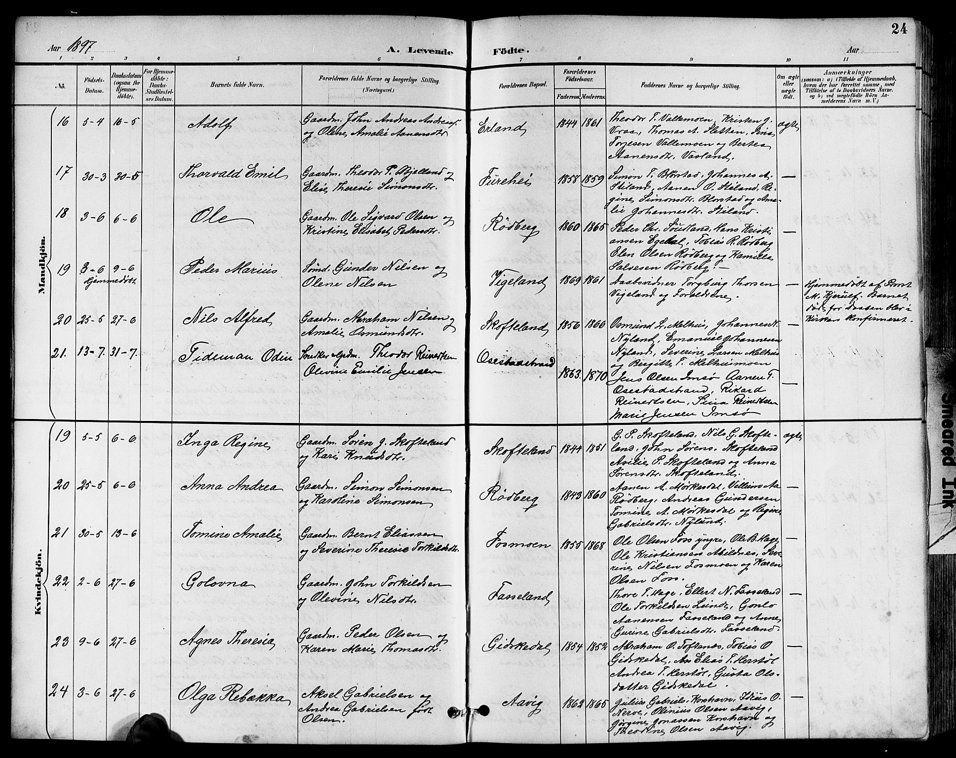 Sør-Audnedal sokneprestkontor, AV/SAK-1111-0039/F/Fb/Fbb/L0006: Parish register (copy) no. B 6, 1893-1915, p. 24