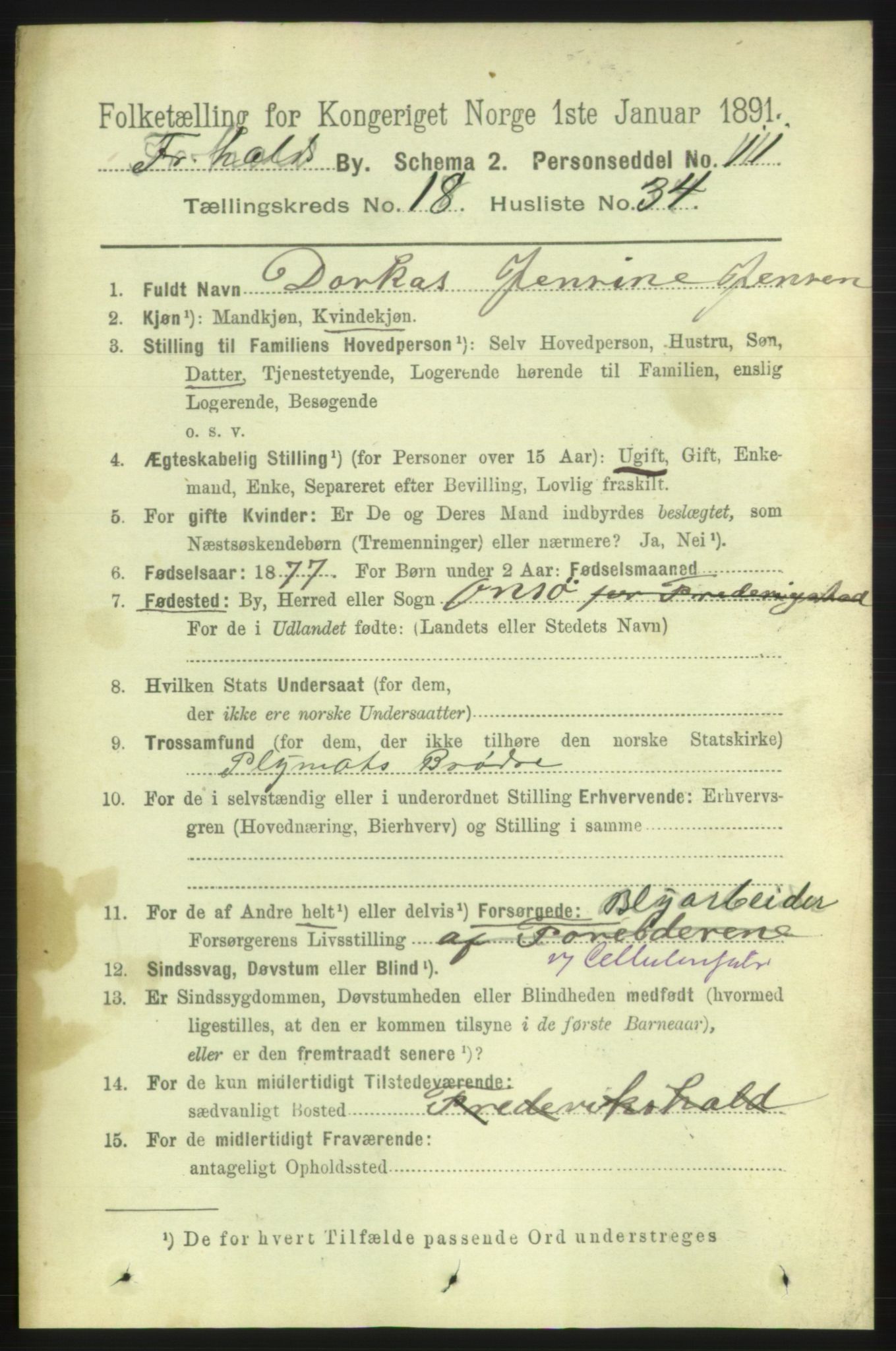 RA, 1891 census for 0101 Fredrikshald, 1891, p. 11853