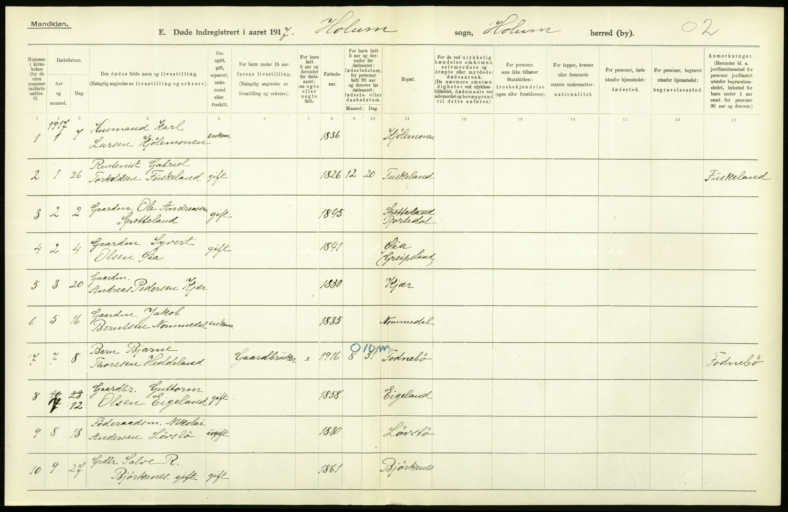 Statistisk sentralbyrå, Sosiodemografiske emner, Befolkning, AV/RA-S-2228/D/Df/Dfb/Dfbg/L0030: Lister og Mandals amt: Gifte, døde, dødfødte. Bygder og byer., 1917, p. 38