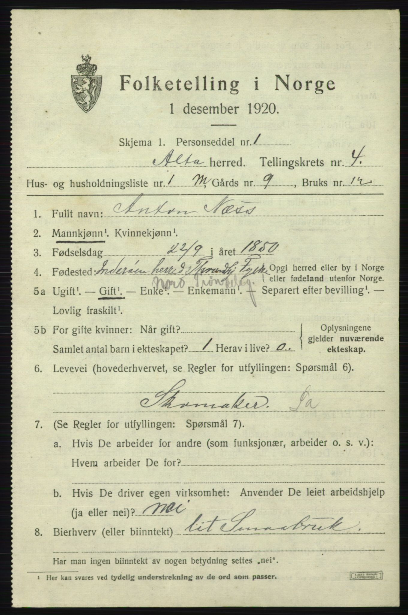 SATØ, 1920 census for Alta, 1920, p. 2597