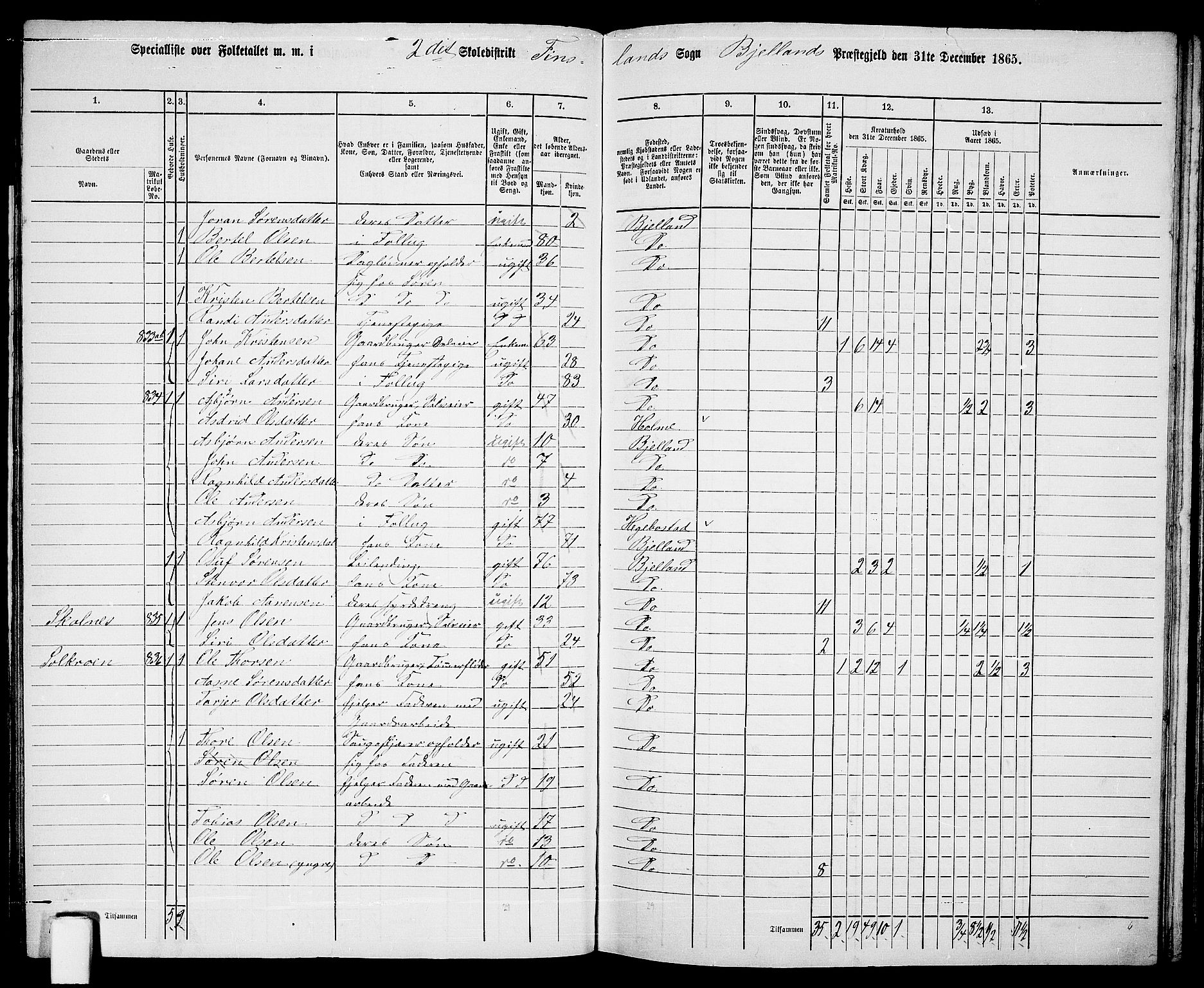 RA, 1865 census for Bjelland, 1865, p. 26