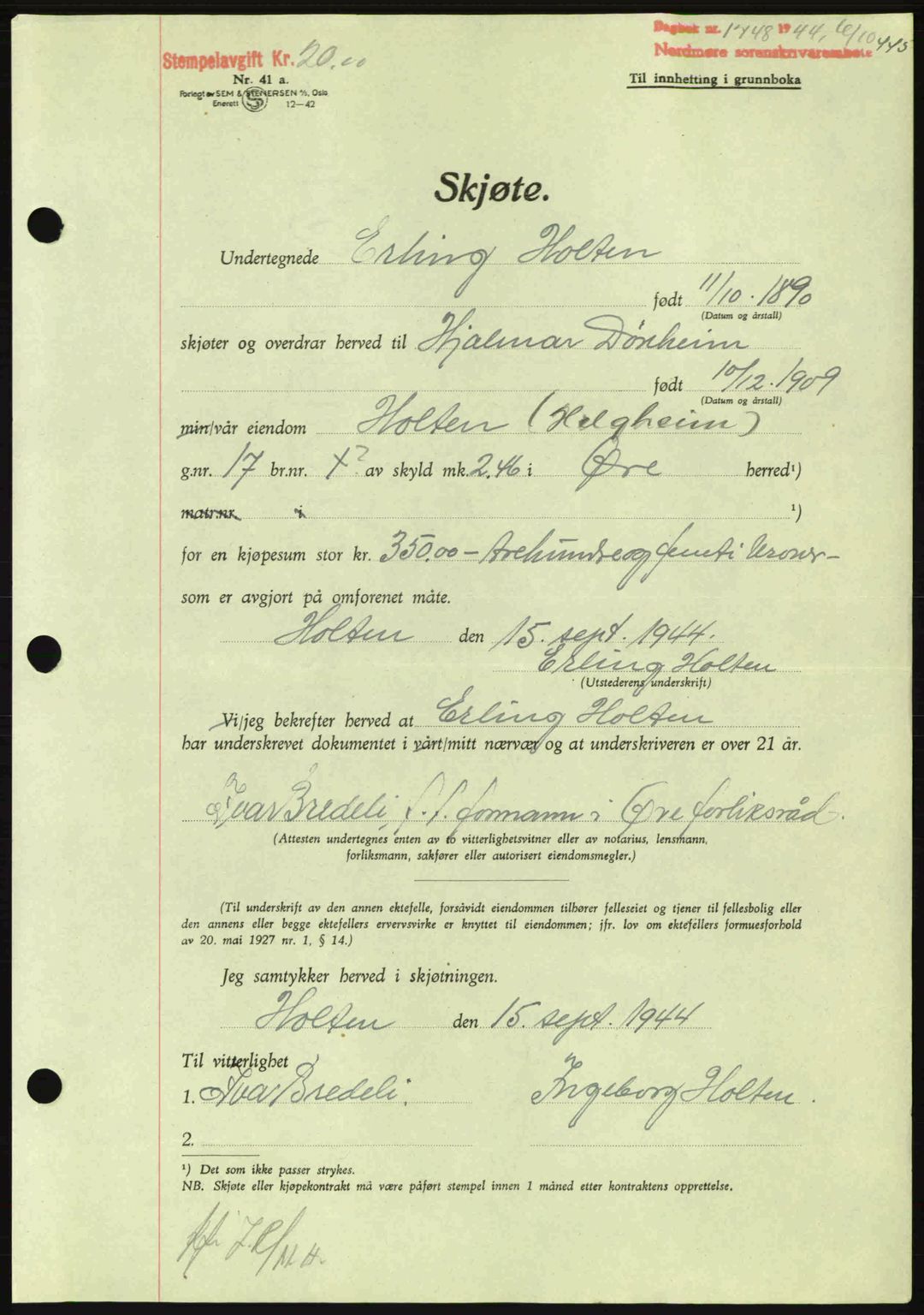 Nordmøre sorenskriveri, AV/SAT-A-4132/1/2/2Ca: Mortgage book no. A98, 1944-1944, Diary no: : 1748/1944