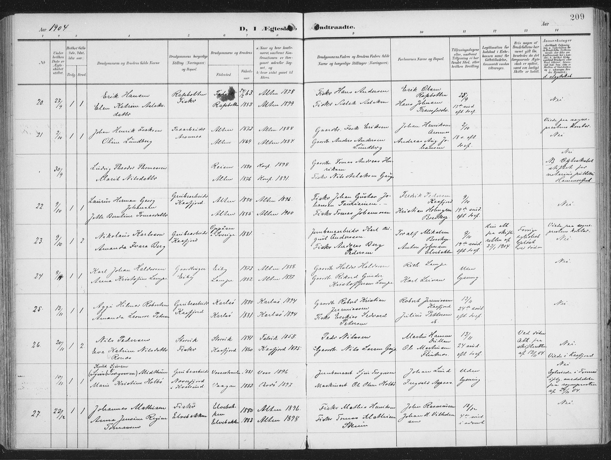 Alta sokneprestkontor, AV/SATØ-S-1338/H/Ha/L0005.kirke: Parish register (official) no. 5, 1904-1918, p. 209